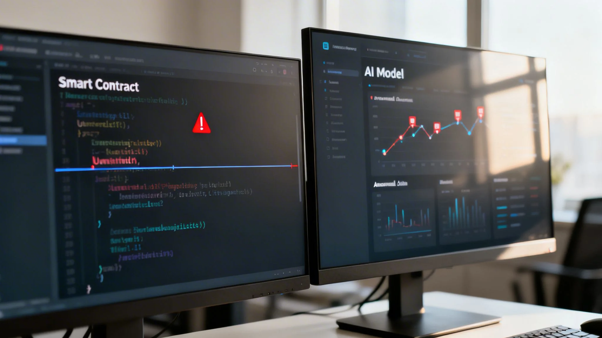 Desk setup with dual monitors showing smart contract code error and AI model data.