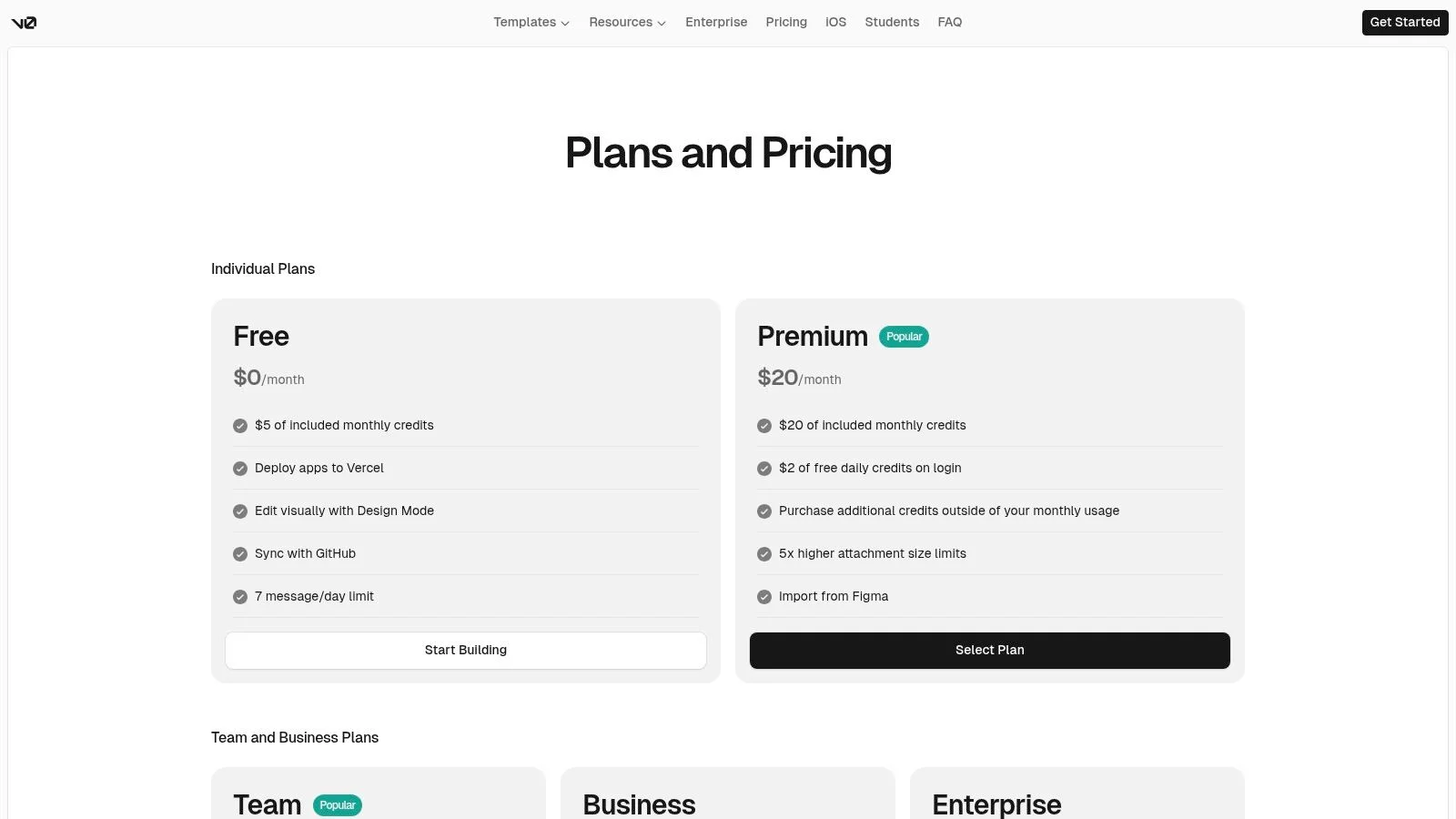 v0 by Vercel pricing plans