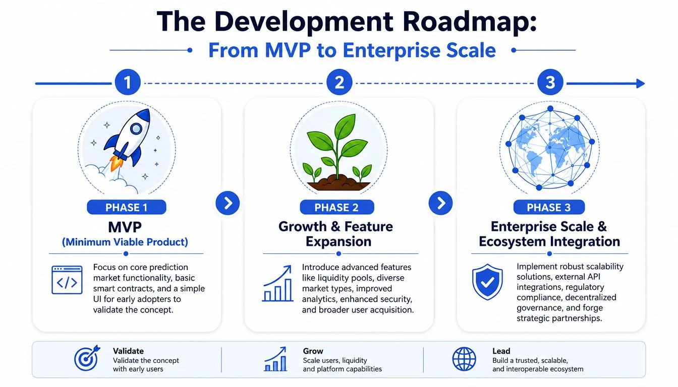 A three-phase roadmap infographic showing the development stages of a prediction market platform from MVP to enterprise scale.