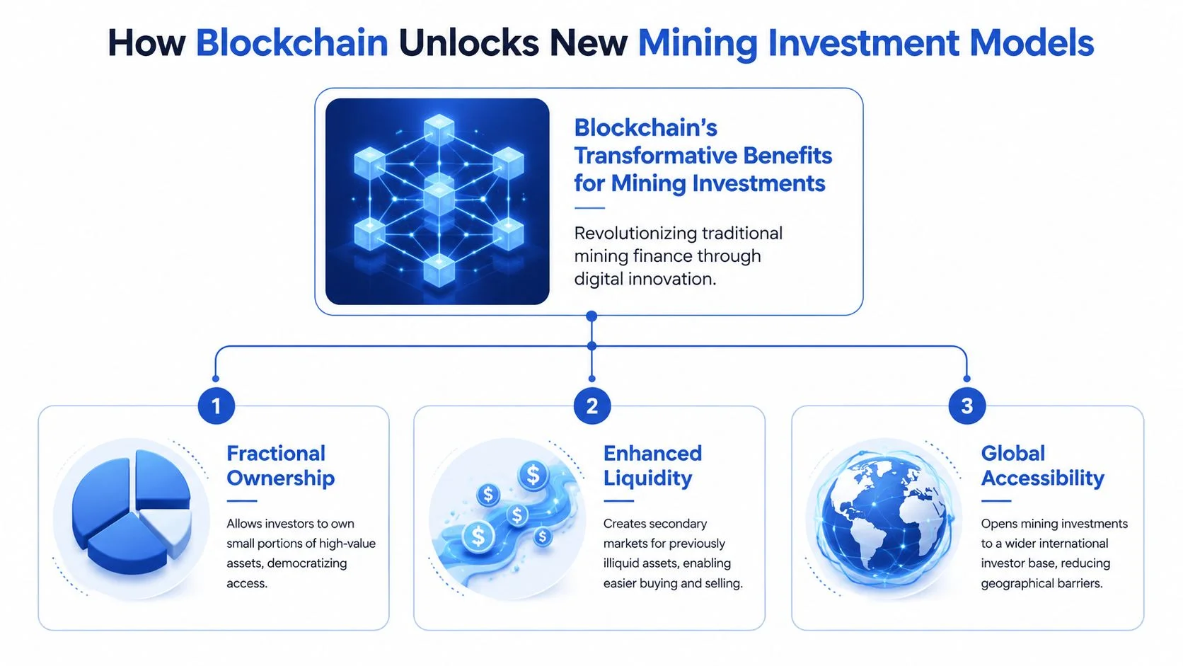 A diagram illustrating how blockchain technology enables new investment models for the mining industry through tokenization.