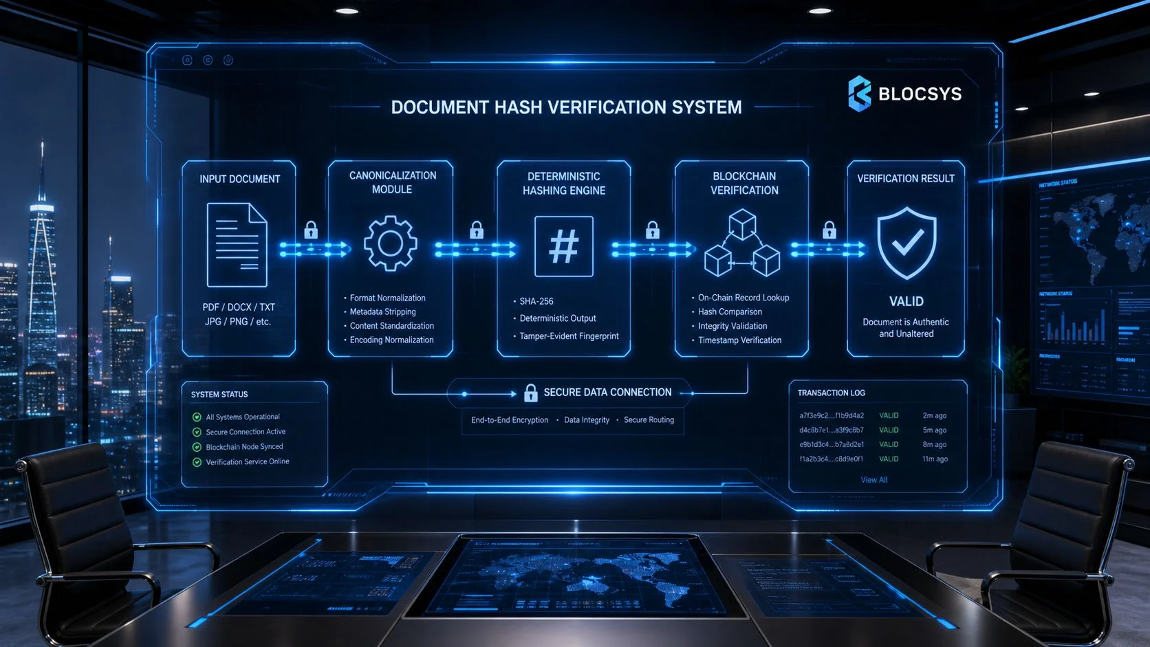 A digital dashboard interface showing a document hash verification system process with security and blockchain status elements.