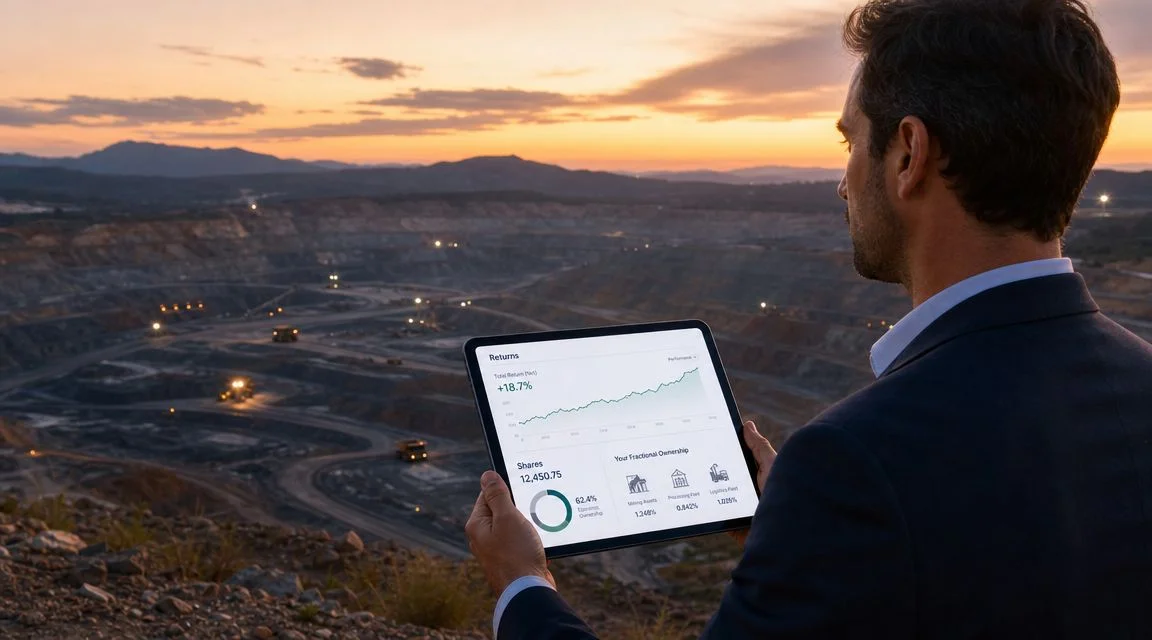 A professional man holding a tablet showing investment returns while overlooking a large industrial mining site.