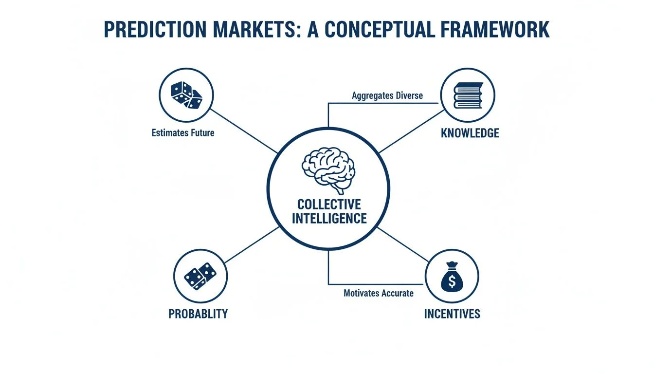 Diagram of prediction markets conceptual framework, illustrating collective intelligence from knowledge, probability, incentives, and future estimates.