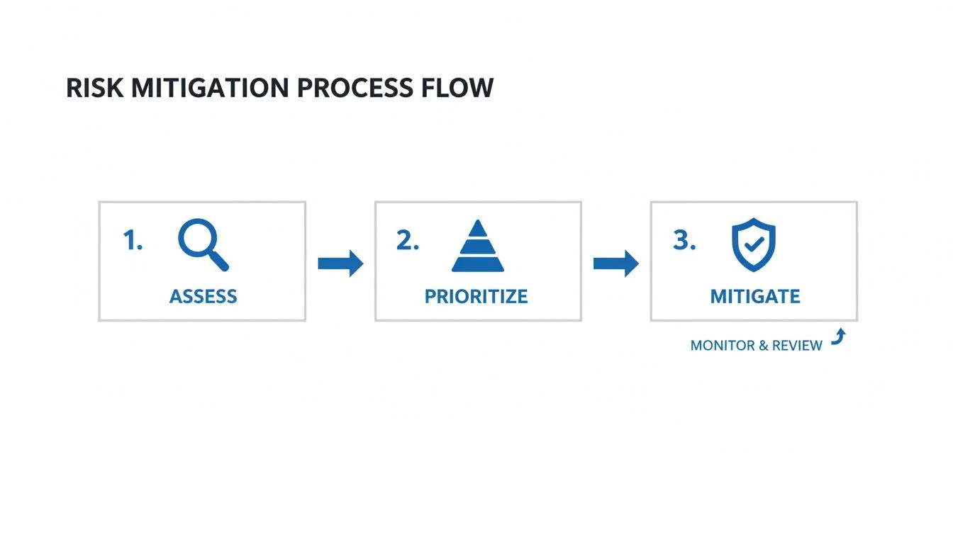 Diagram showing a three-step risk mitigation process flow: assess, prioritize, and mitigate, with monitoring and review.