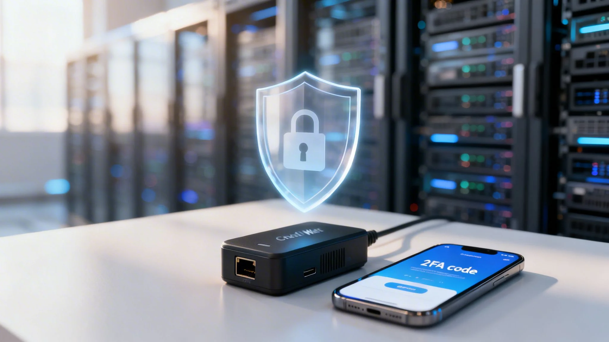 A networking device, iPhone showing 2FA, and a holographic security shield in a modern data center.