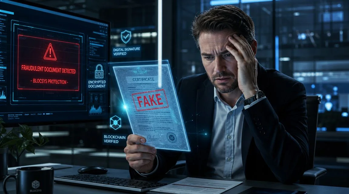 A concerned professional analyzing a document showing a fake status through advanced blockchain fraud detection technology.