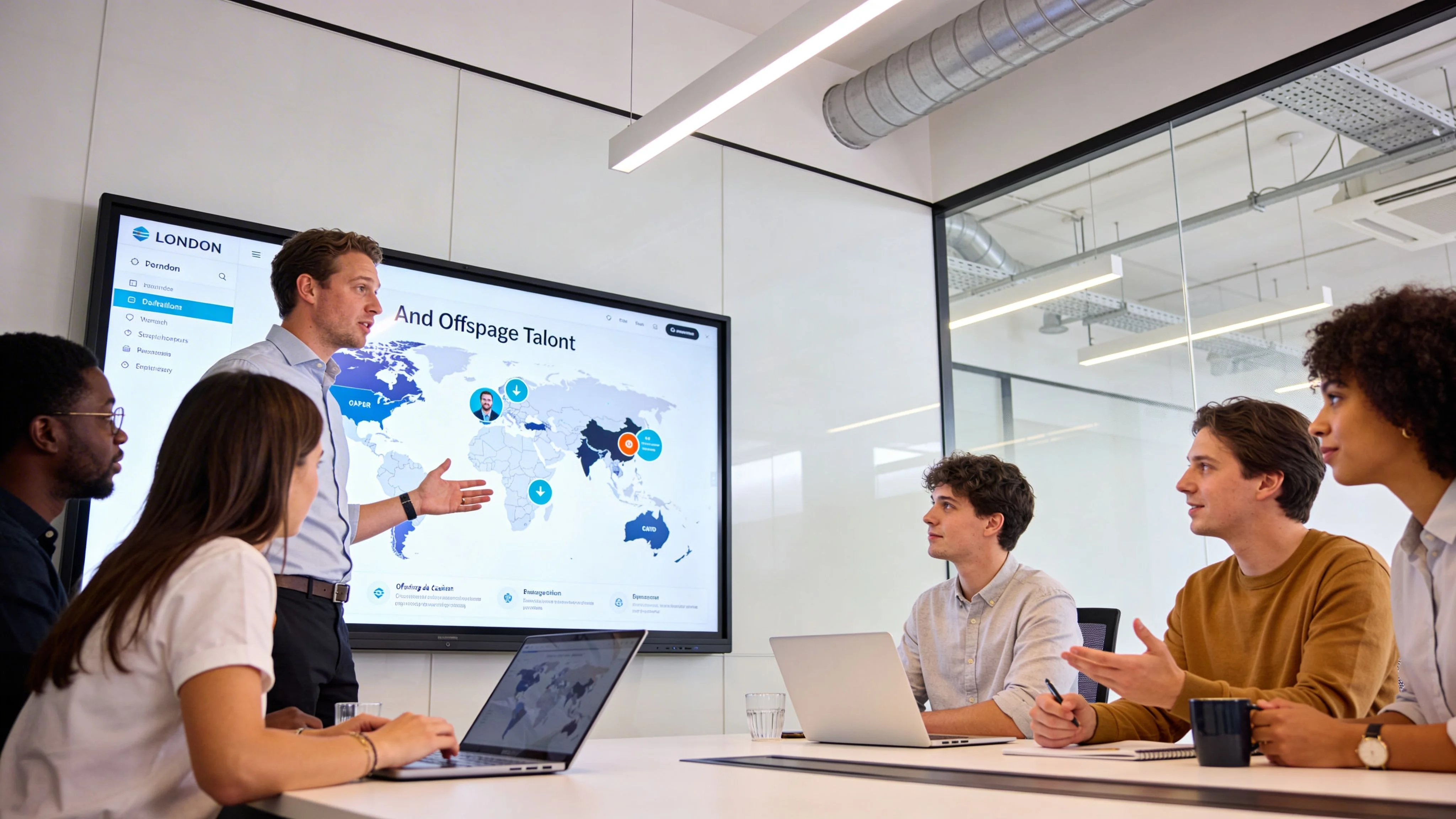 A professional team discussing global hiring strategies during a business meeting in a modern office boardroom.