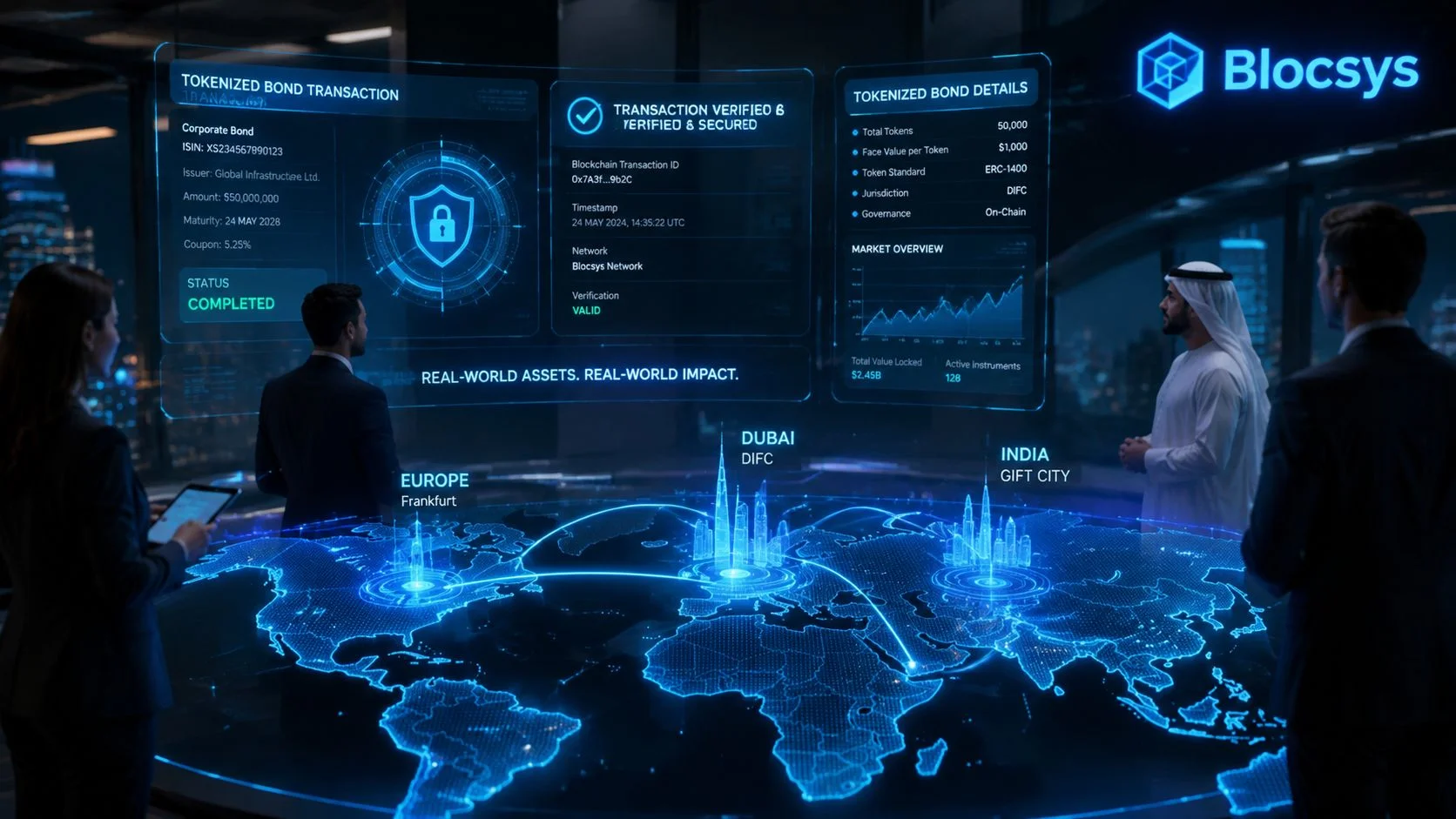 A professional team reviews a digital dashboard displaying tokenized corporate bond transactions and global market infrastructure.