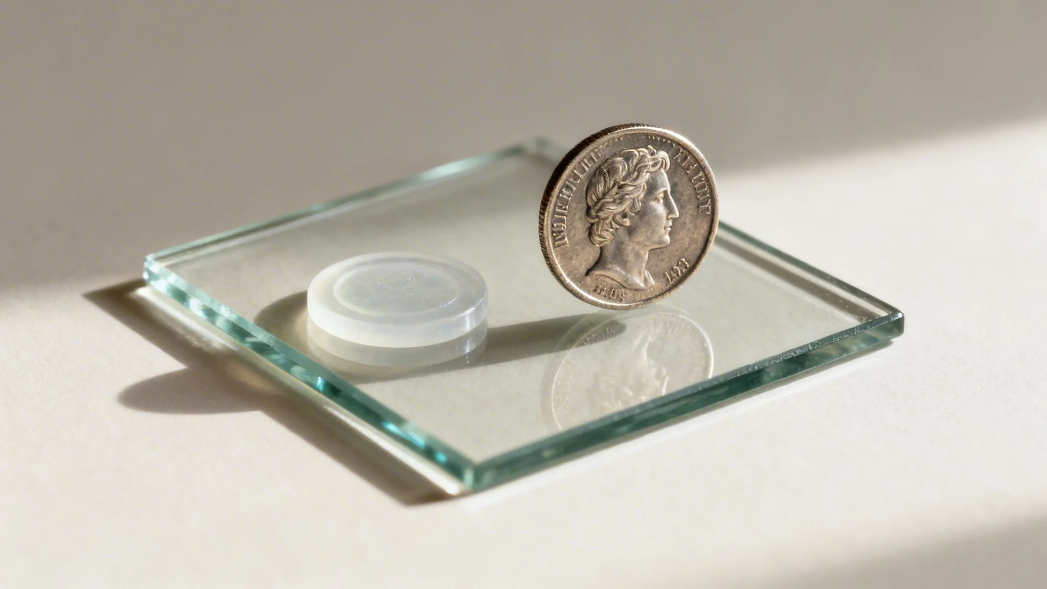 Close-up of a vintage silver coin standing on a clear glass plate next to a small white disc.