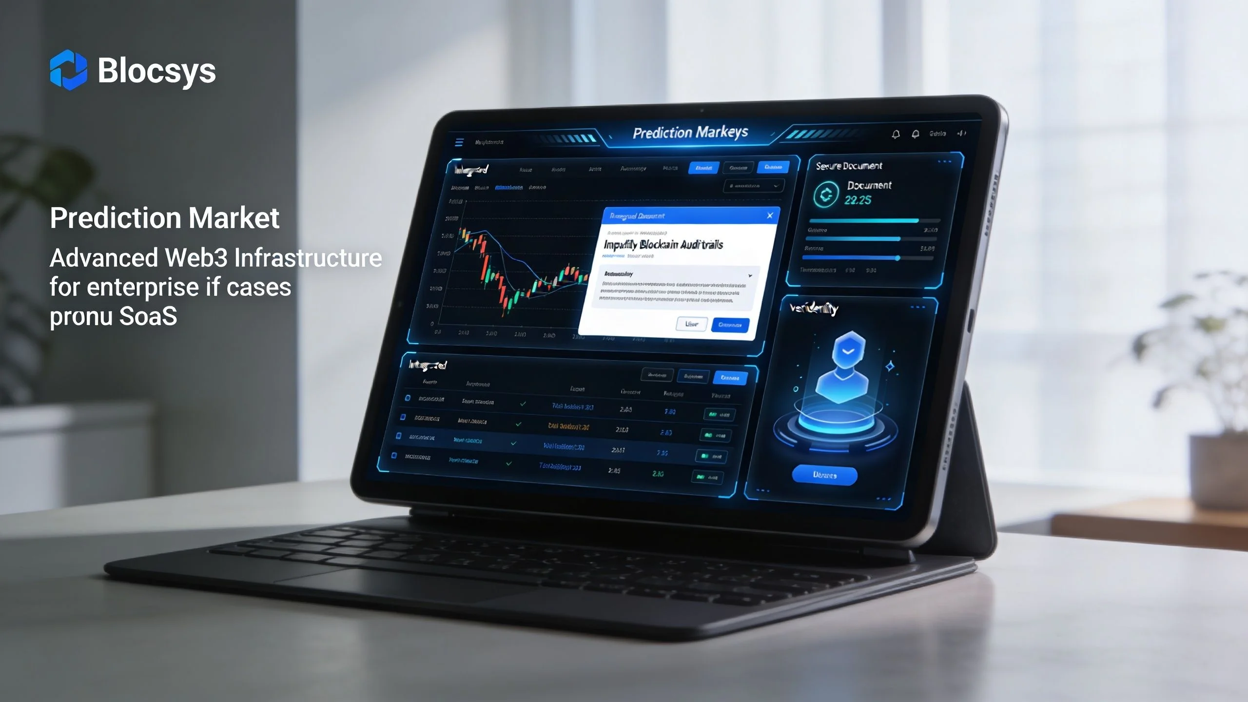 A digital tablet displaying a futuristic blockchain-based prediction market interface with data charts and security features.