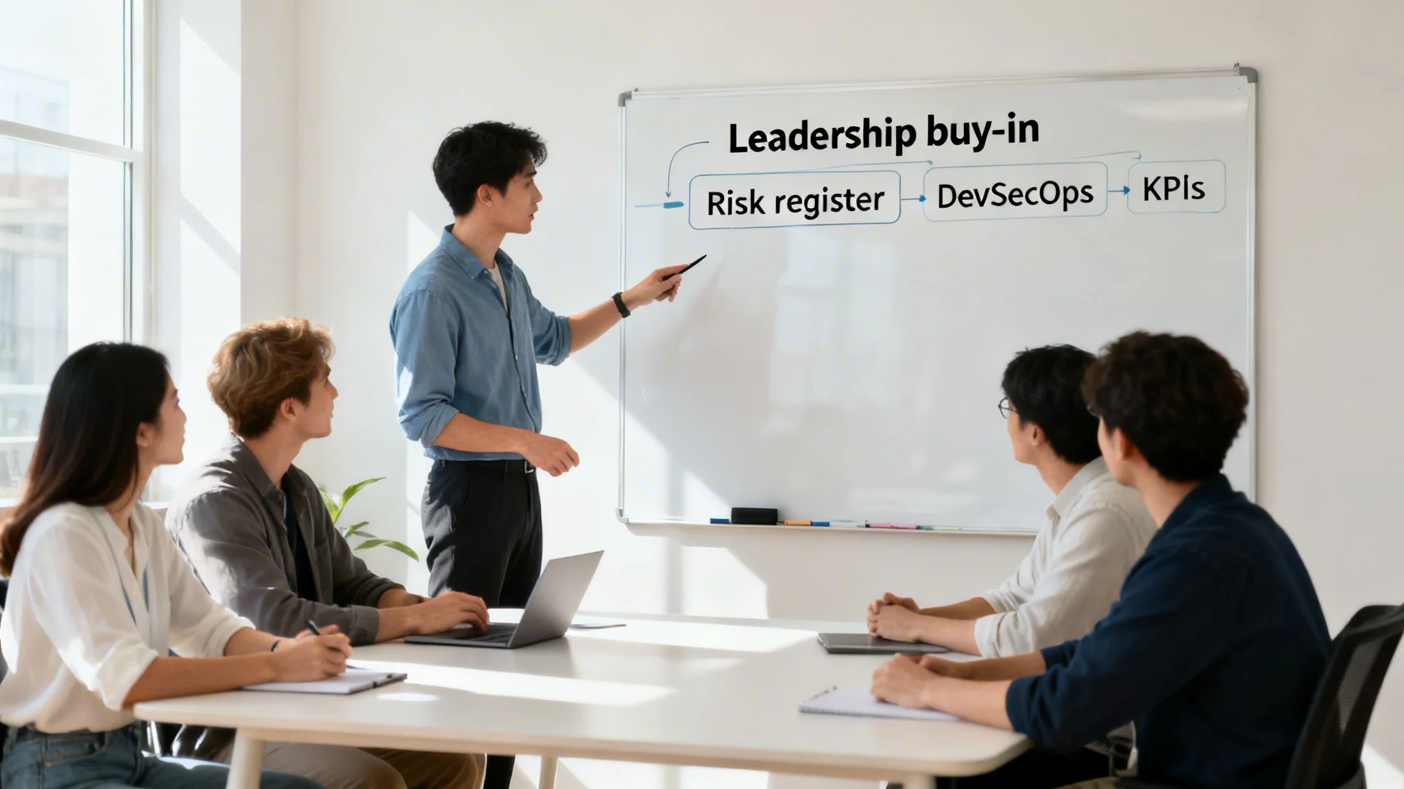 A male presenter explains a diagram on a whiteboard to a diverse team in an office meeting.