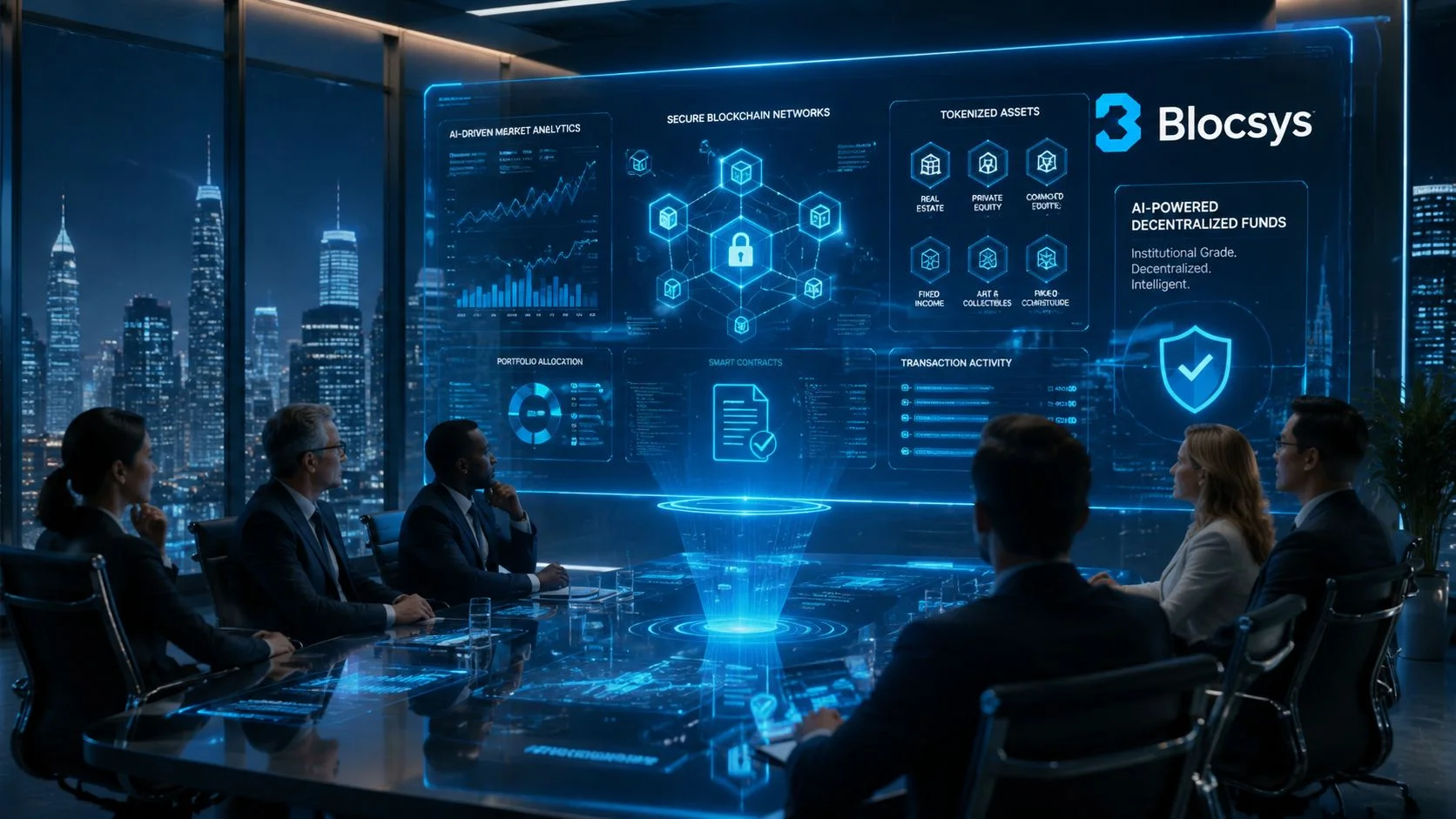 A professional business team in a modern boardroom viewing a digital holographic display about blockchain funds.