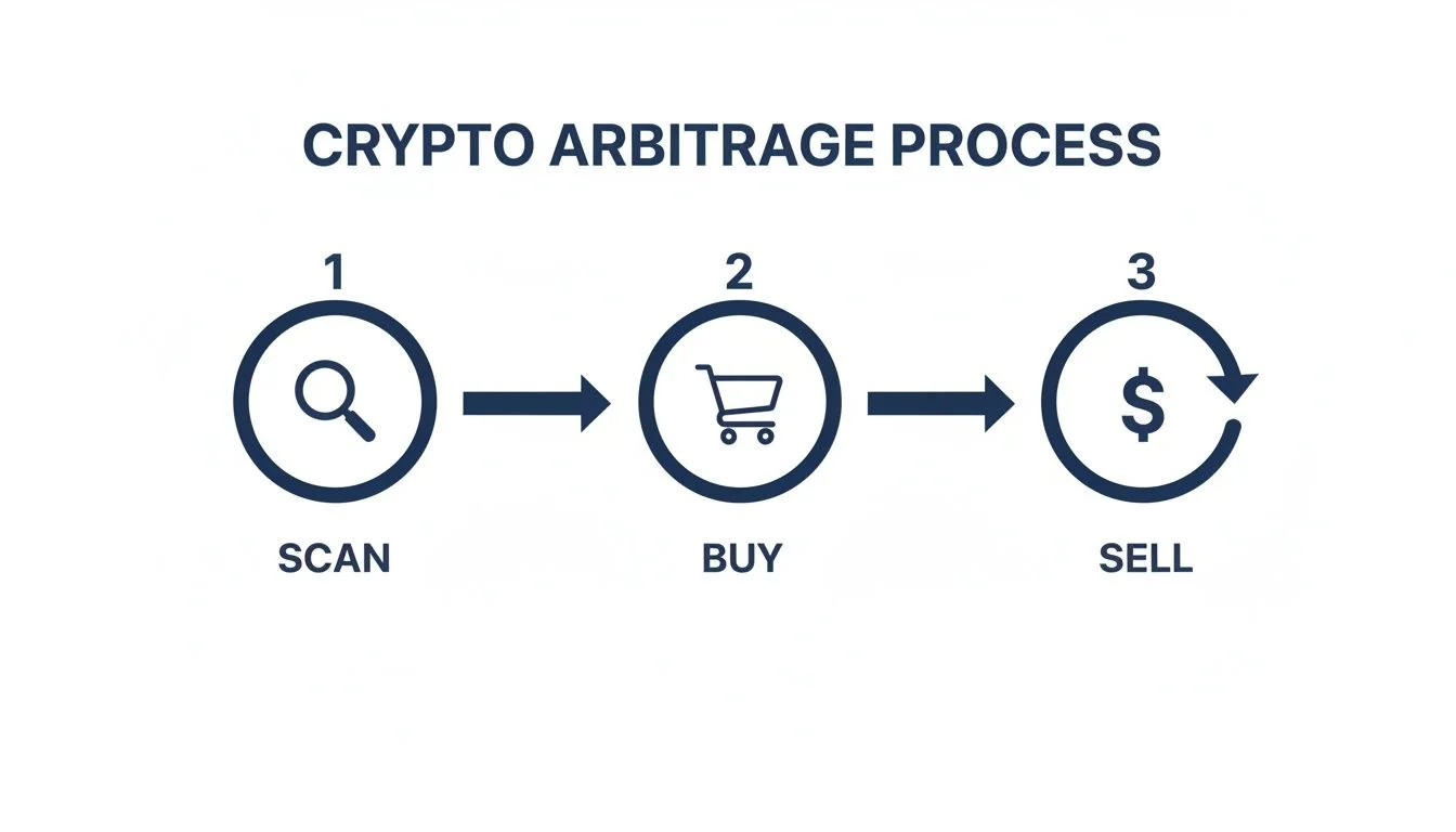 A three-step diagram illustrating the crypto arbitrage process: scan, buy, and sell.