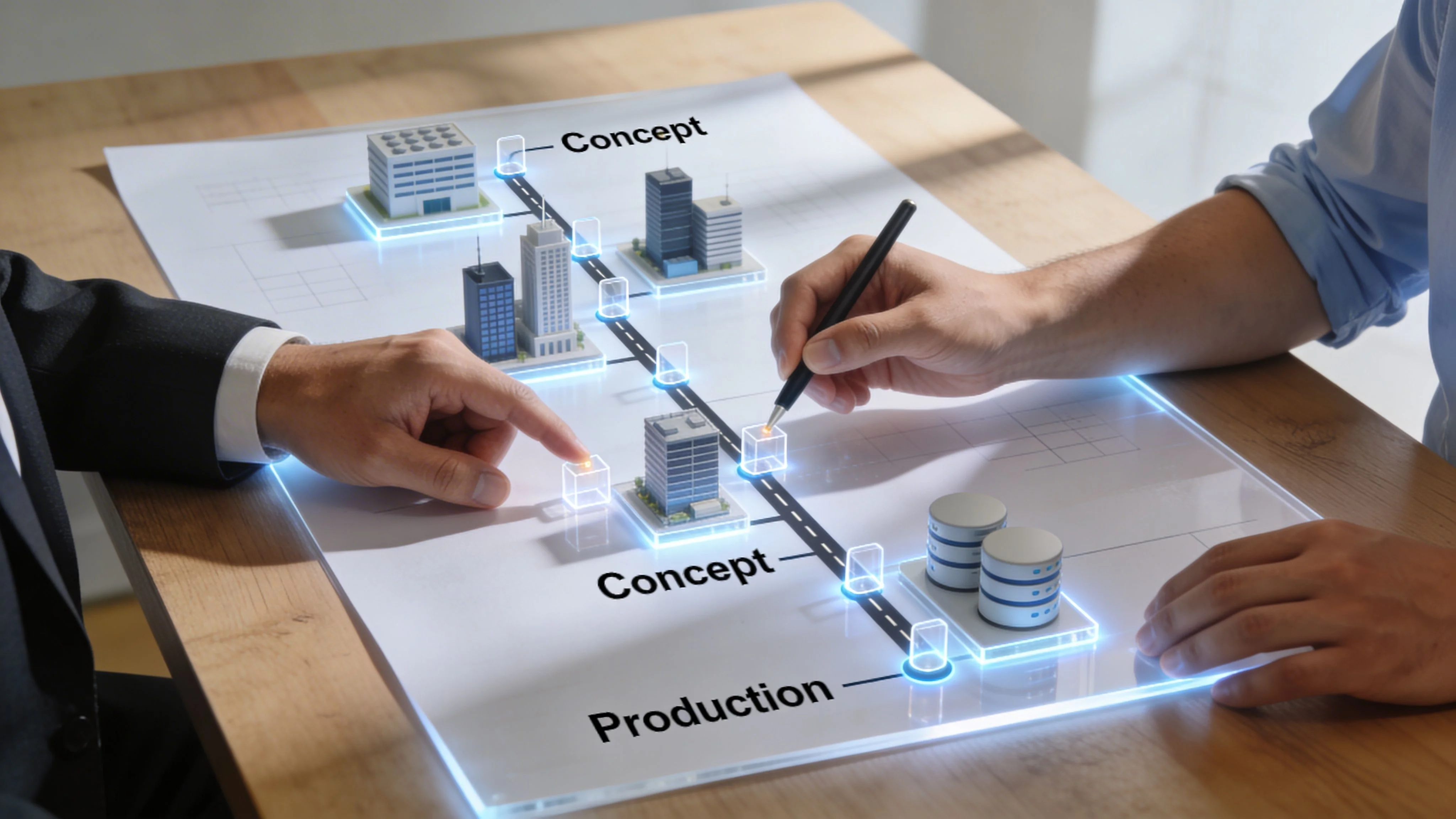 Two professionals collaborating on a futuristic digital interface displaying infrastructure planning and industrial development concepts.