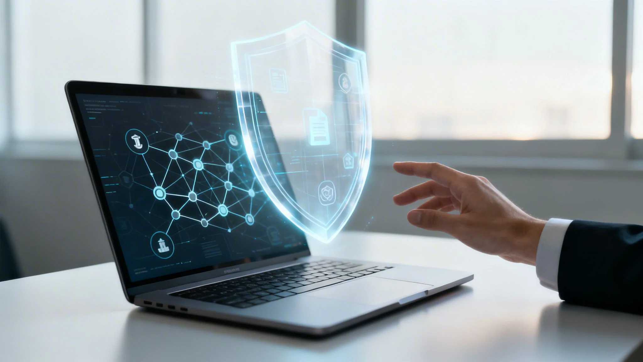 A person's hand reaches for a glowing digital shield and network on a laptop screen, symbolizing data protection.