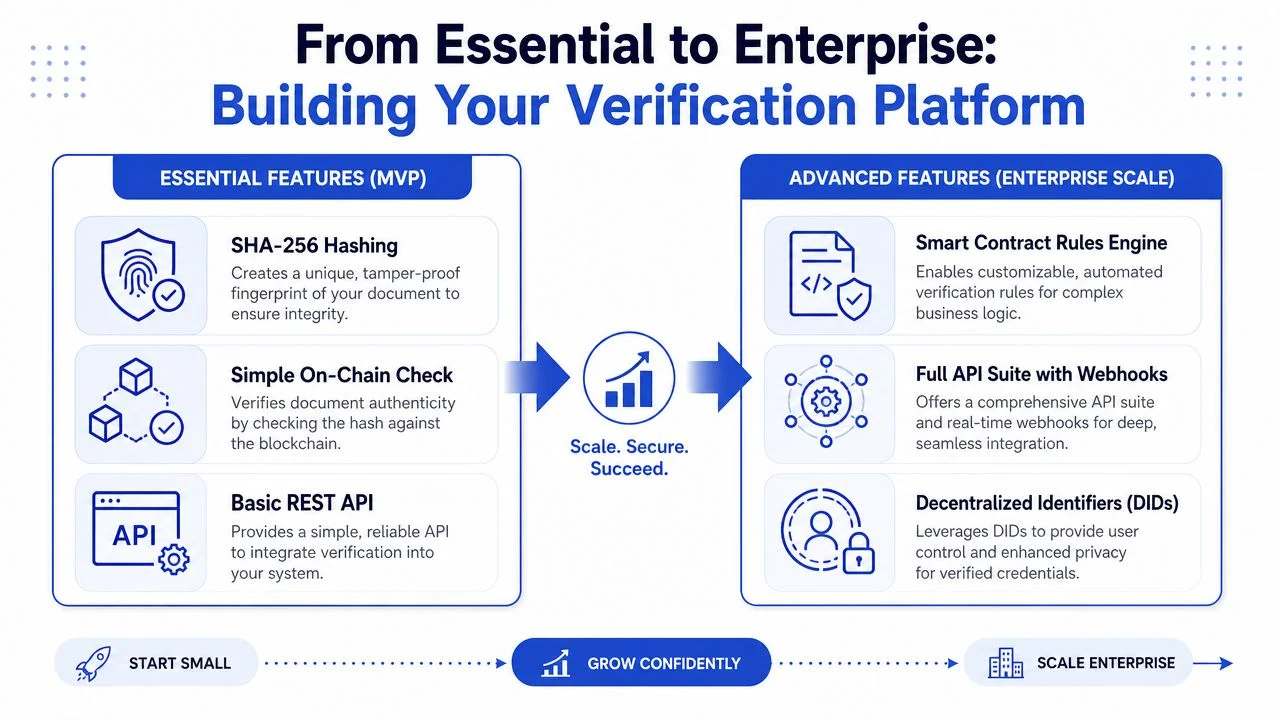 A diagram illustrating the progression from basic blockchain document verification to advanced enterprise-scale verification features.