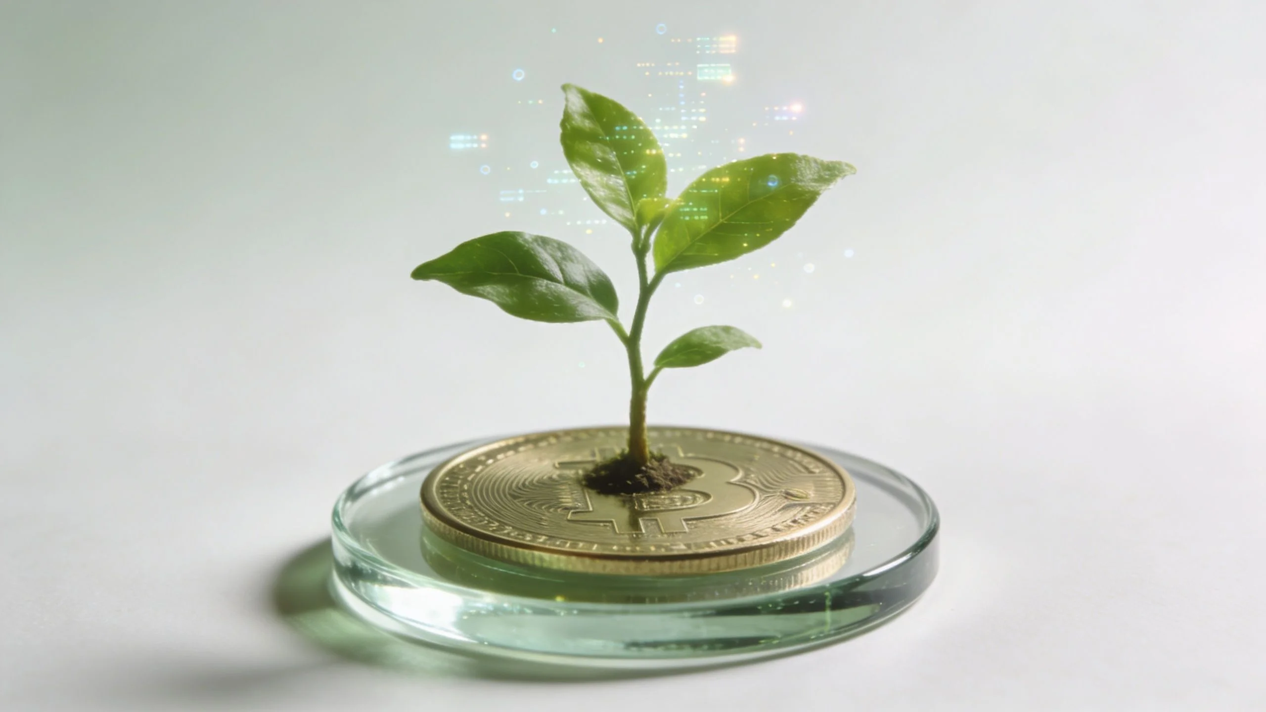 A small green plant growing out of a gold bitcoin symbol inside a glass petri dish.