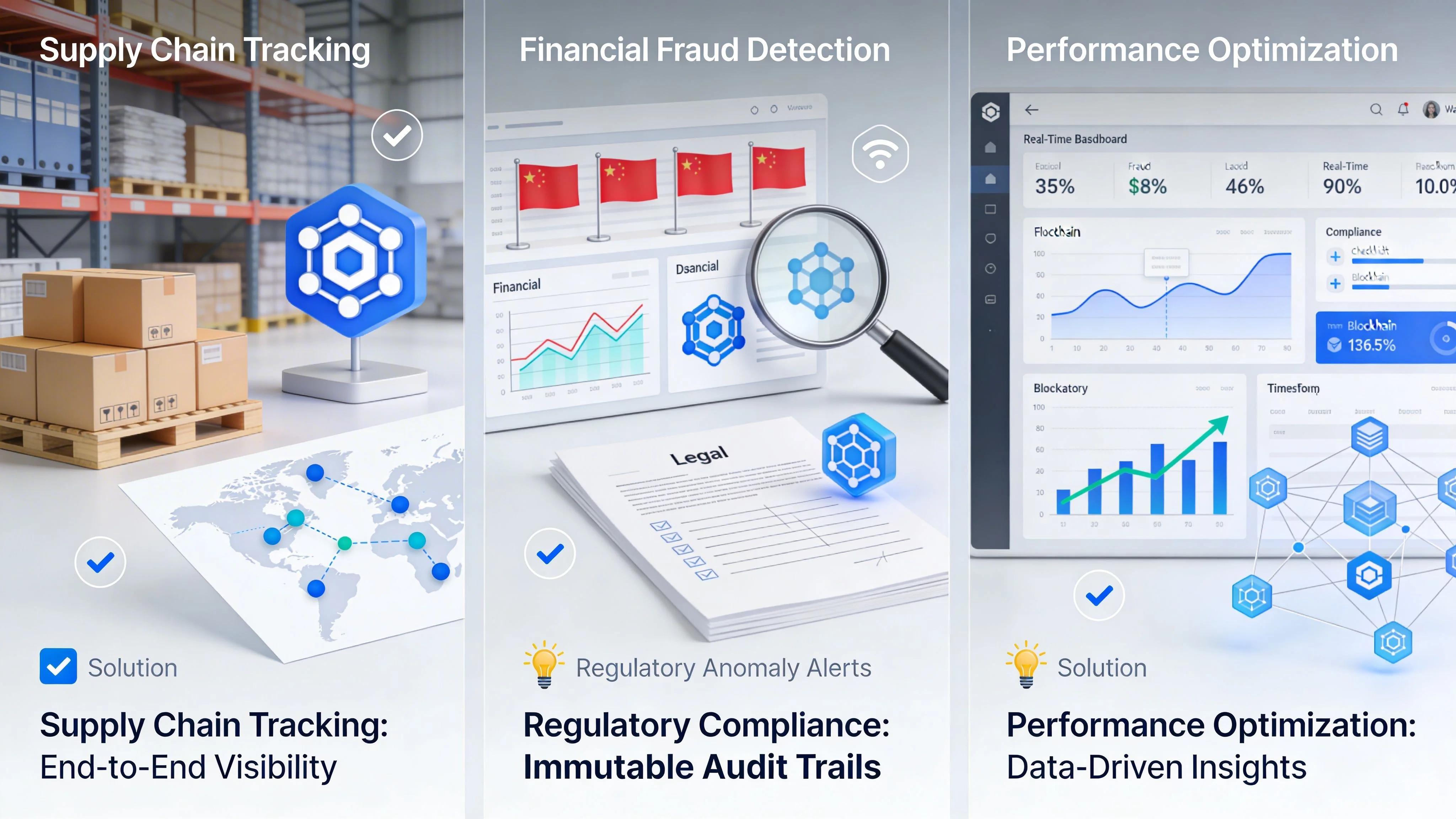 A visual comparison of enterprise blockchain solutions showing supply chain tracking, financial fraud detection, and performance optimization analytics.