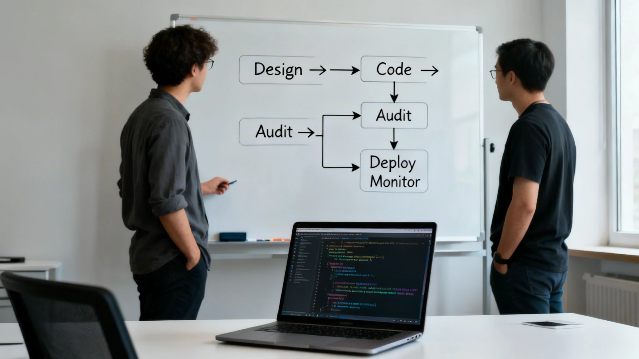 Two men discussing a software development workflow diagram on a whiteboard with a laptop showing code.
