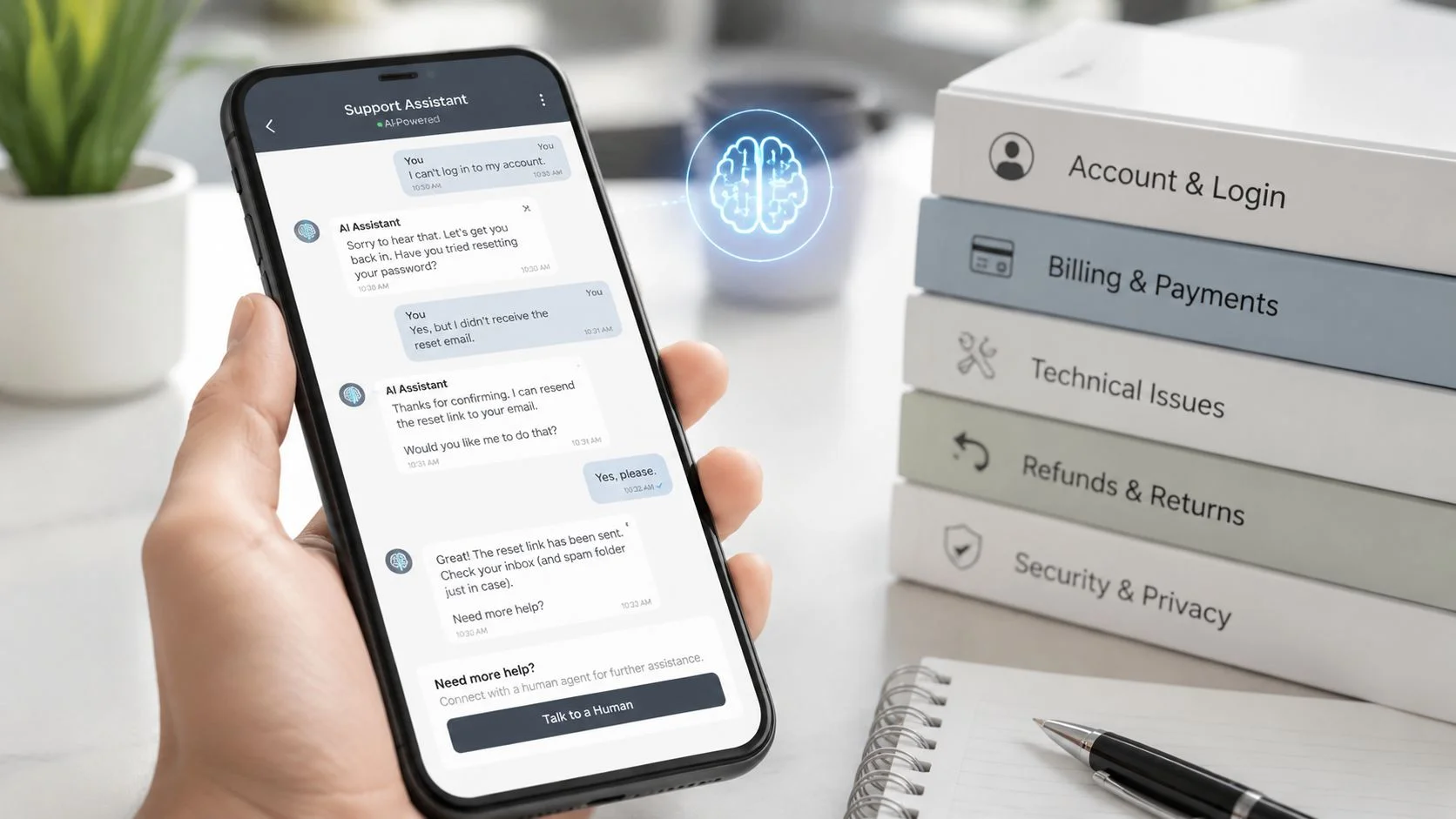A hand holding a smartphone displaying an AI-powered customer support chatbot interface next to categorized help manuals.