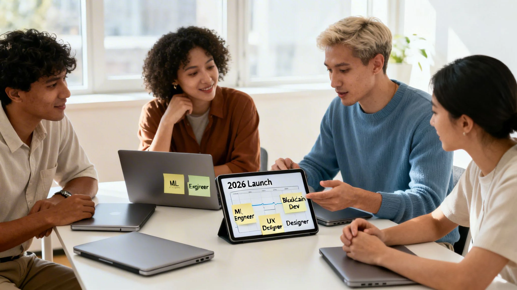 Four diverse professionals collaborate around a tablet displaying a 2026 launch timeline with project roles.