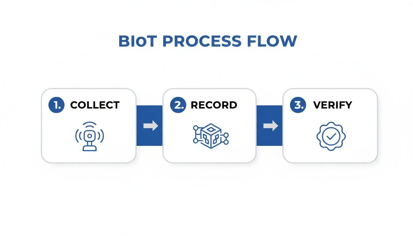 BIoT process flow illustrating data collection with a sensor, recording on blockchain, and verification.