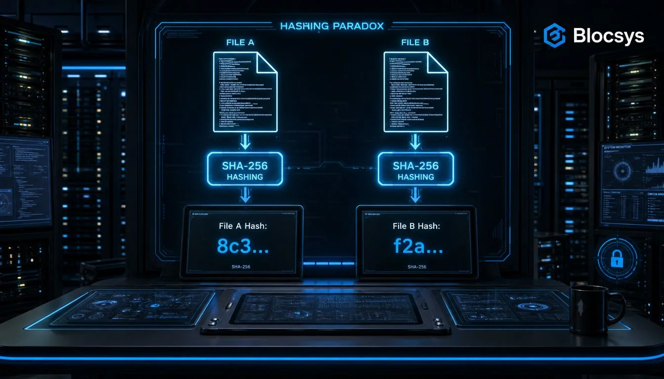 A digital interface illustrating a hashing paradox with two different files producing distinct SHA-256 hash outputs.