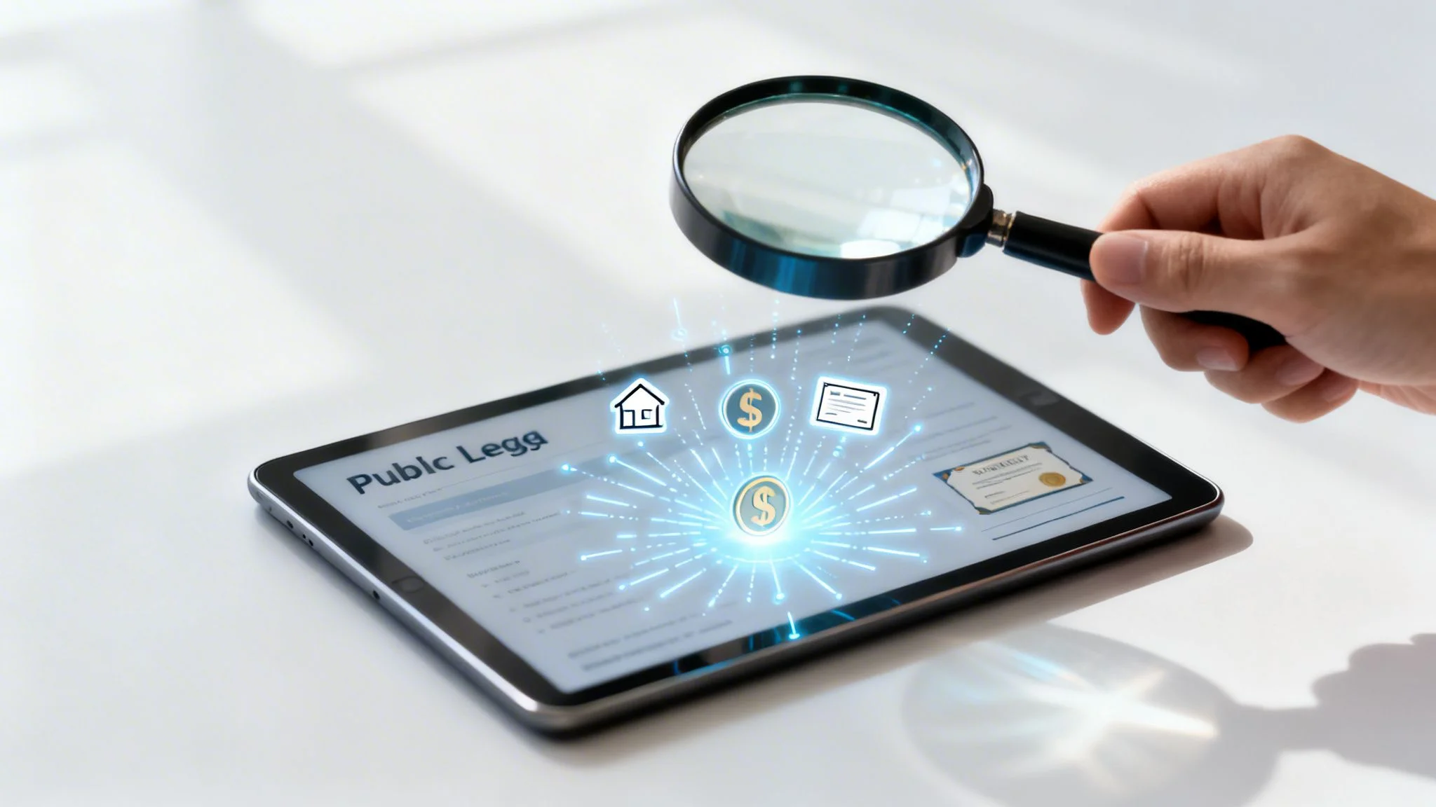 A hand holds a magnifying glass over a tablet showing icons for home, money, and documents, with glowing lines.