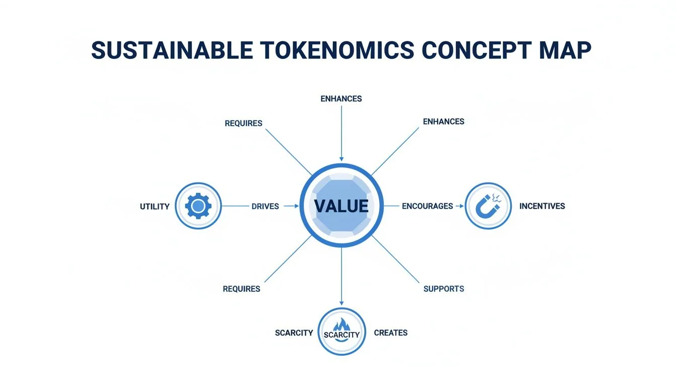 A concept map illustrating sustainable tokenomics, with value at the core, driven by utility, incentives, and scarcity.