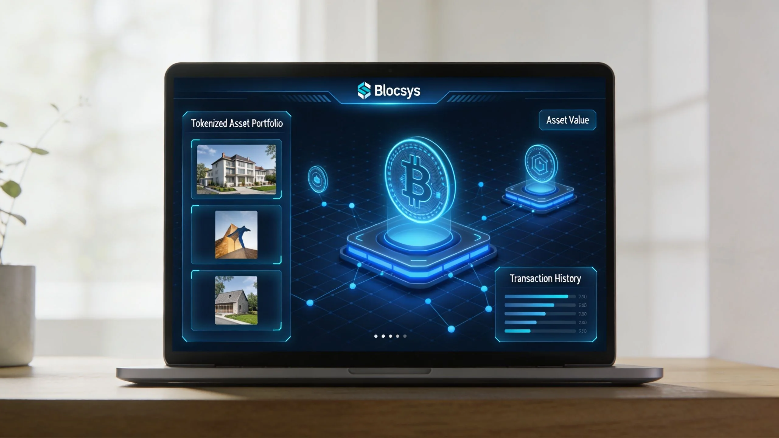 A laptop screen displaying the Blocsys platform interface showing a tokenized asset portfolio and digital financial data.
