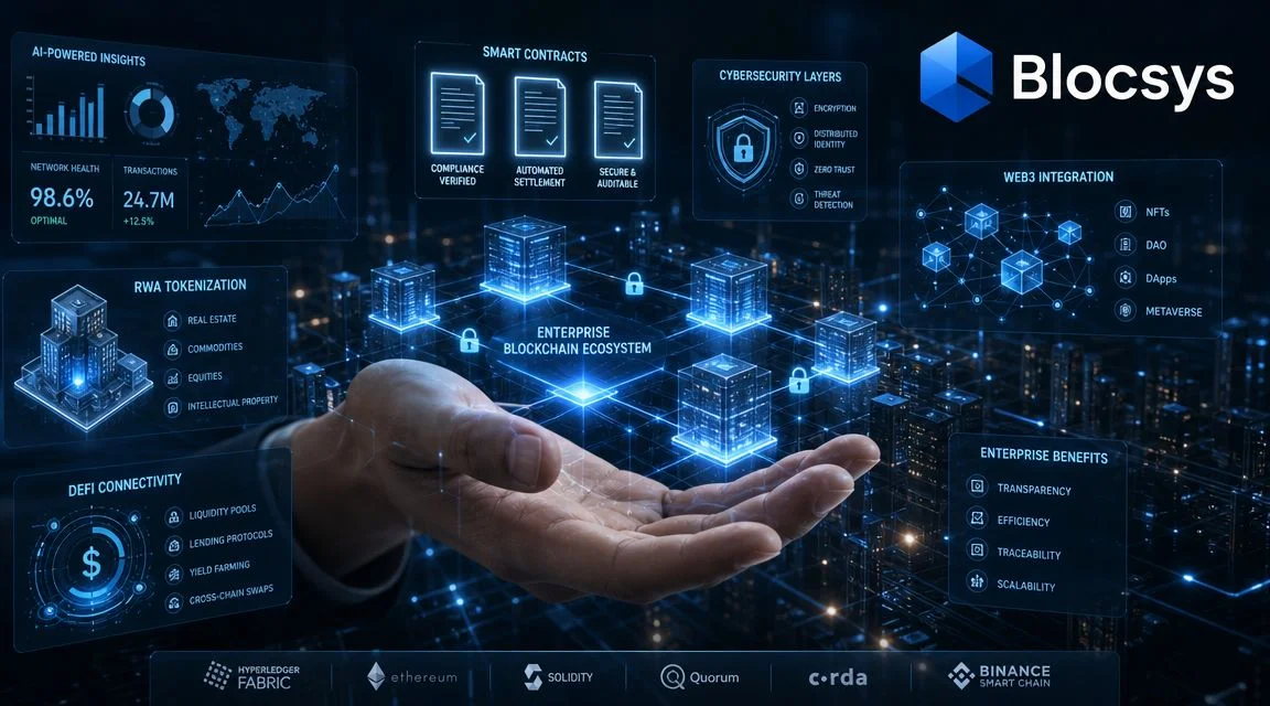A digital illustration of an enterprise blockchain ecosystem managed by Blocsys with interconnected data nodes and security icons.
