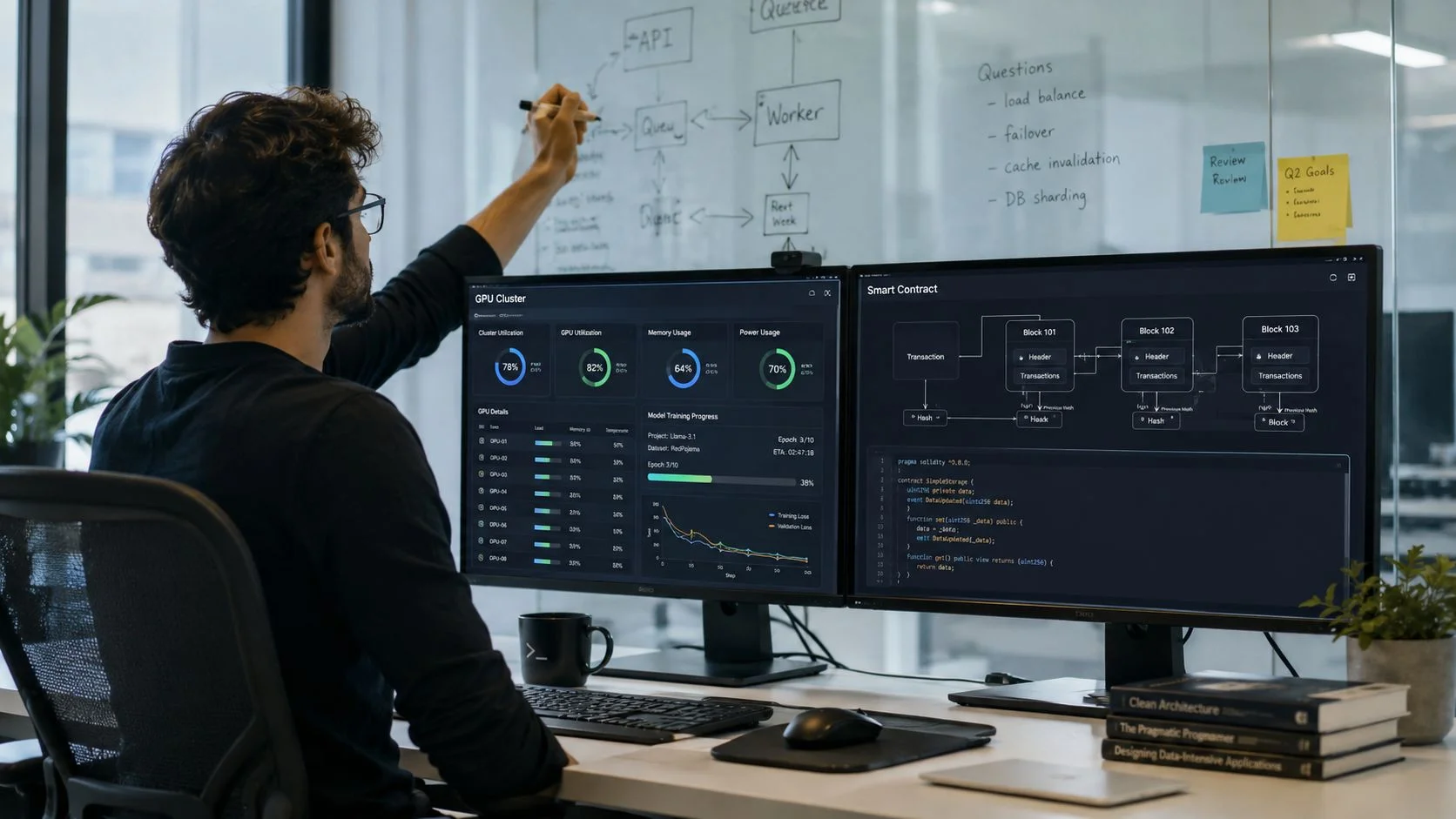 A software engineer working on a complex system architecture in a modern office using dual computer monitors.