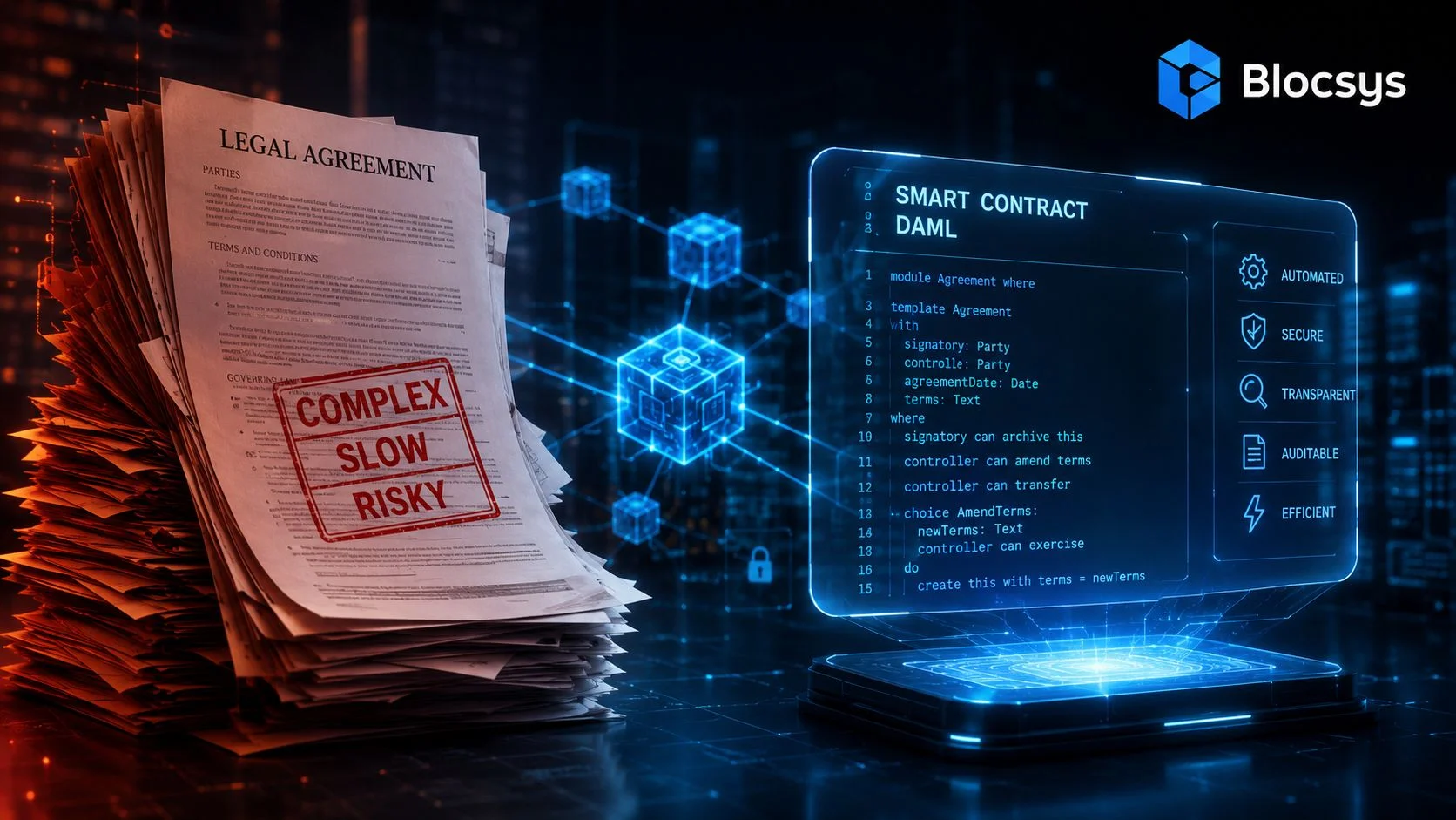 A digital graphic contrasting traditional paper legal agreements with modern automated DAML smart contract blockchain technology.