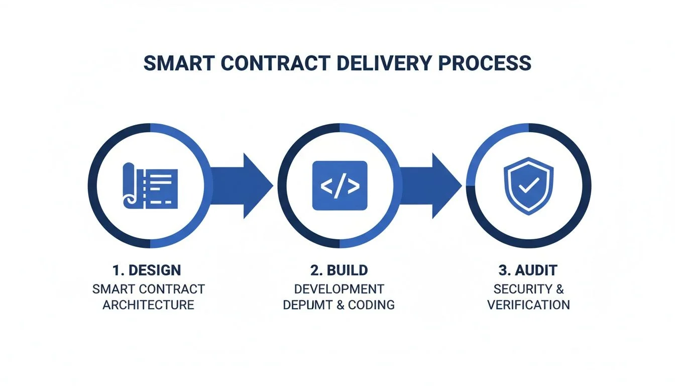 Smart contract delivery process infographic showing design, build, and audit phases with icons.