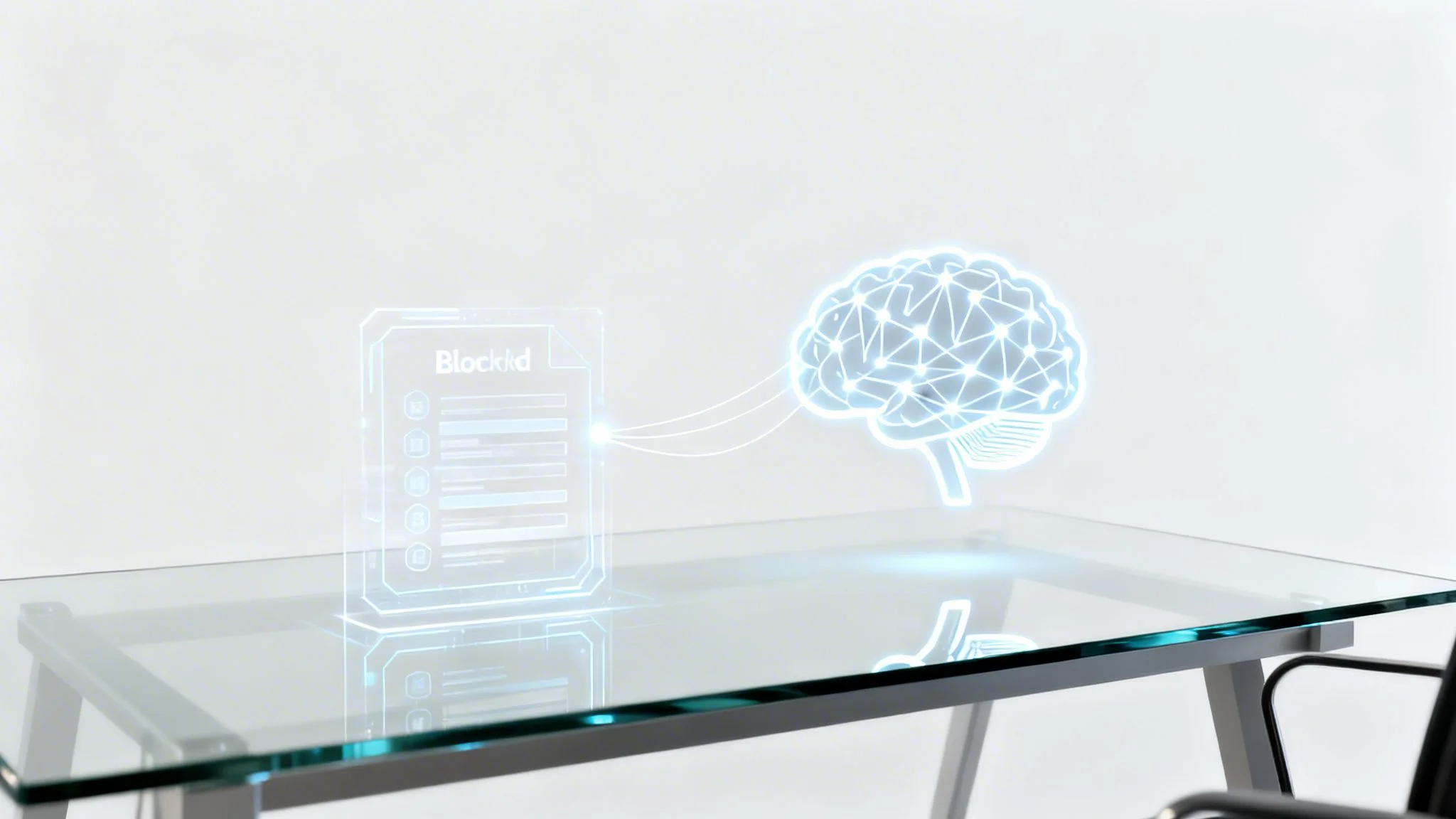 Holographic BlockId document linked to a glowing, networked AI brain on a glass table.