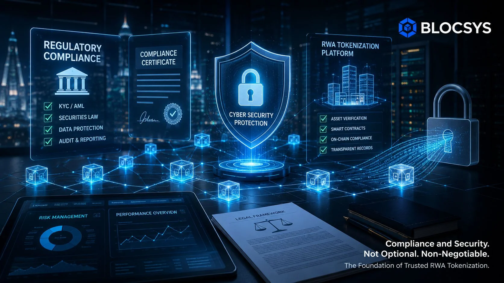 A digital illustration of a RWA tokenization platform featuring regulatory compliance, security, and legal framework elements.
