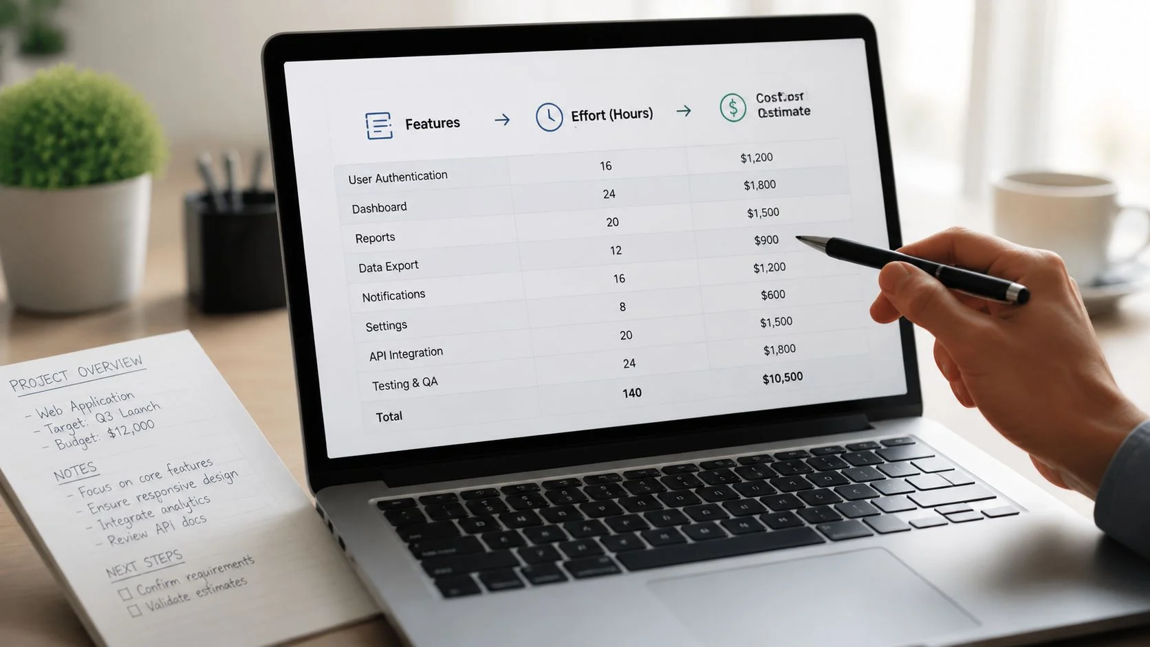 A person pointing at a laptop screen displaying a software development cost estimation table for project features.