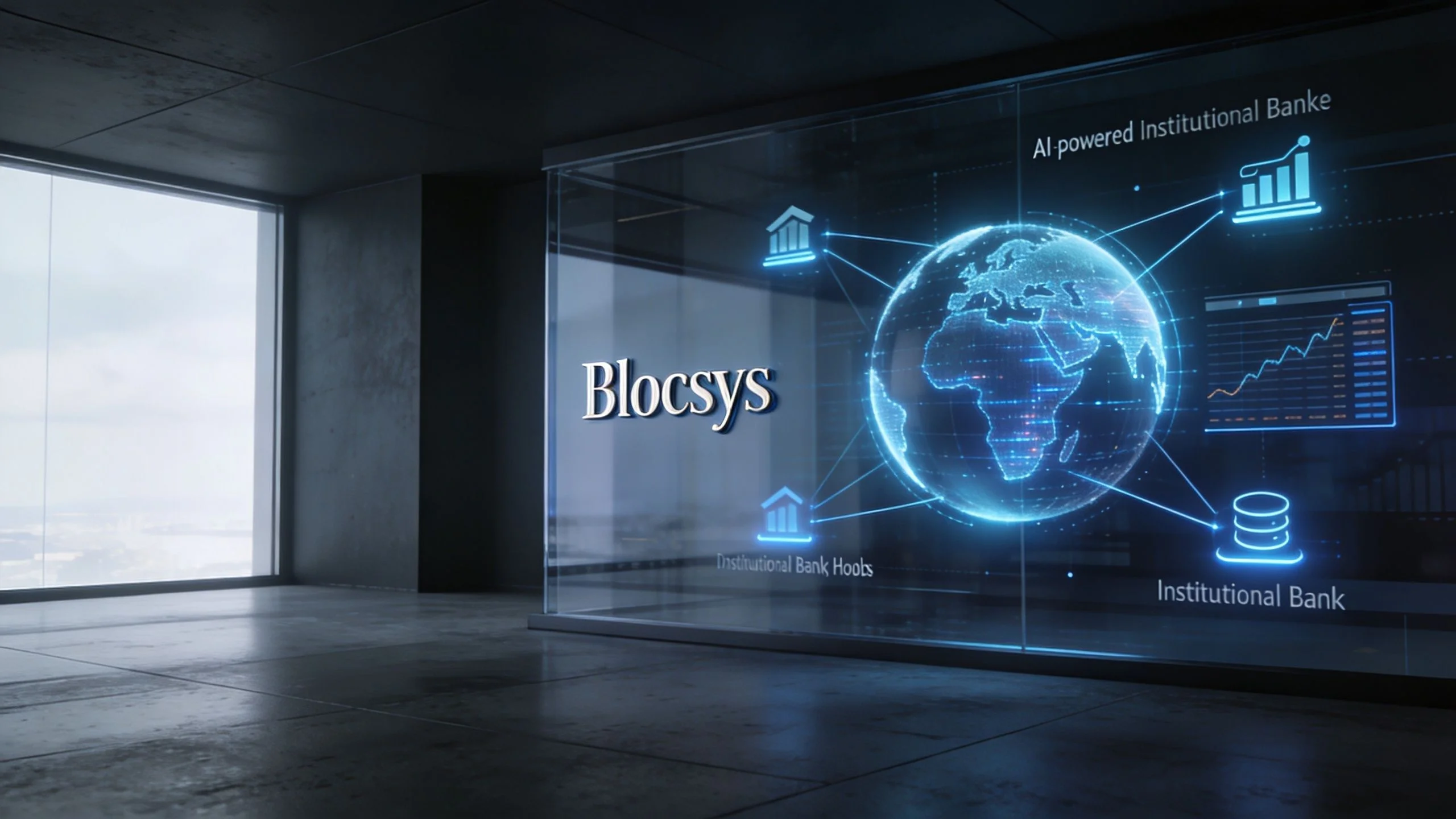 A digital display in a modern office showing a holographic globe connected to financial icons and graphs.