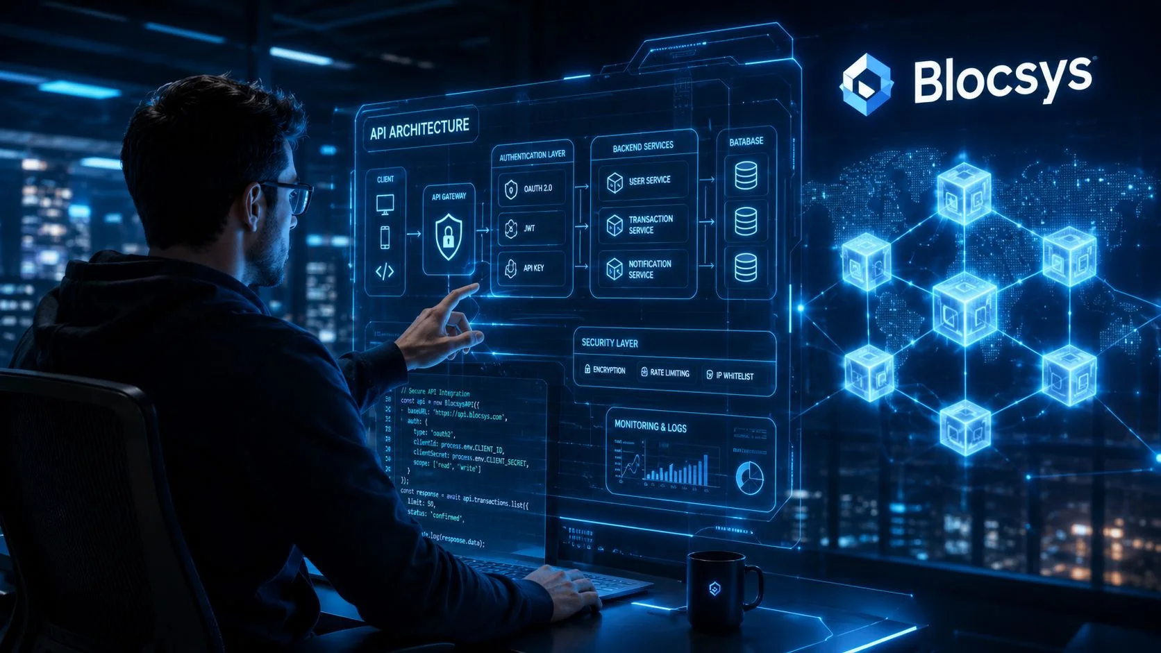 A professional developer interacting with a futuristic holographic dashboard displaying API architecture, security layers, and blockchain network infrastructure.