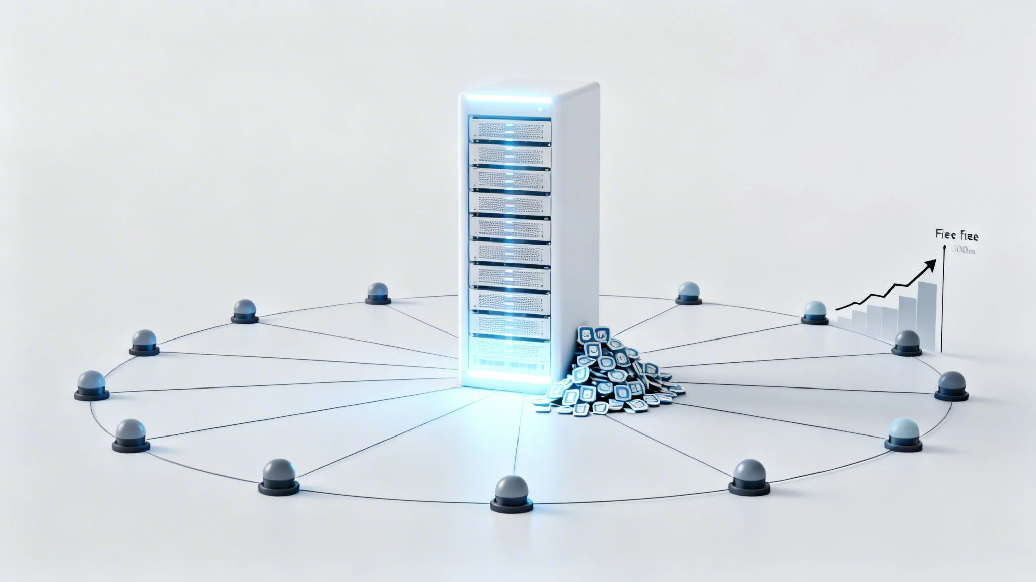 A glowing central server connected to a circular network of nodes, with data piles and a rising fee graph.