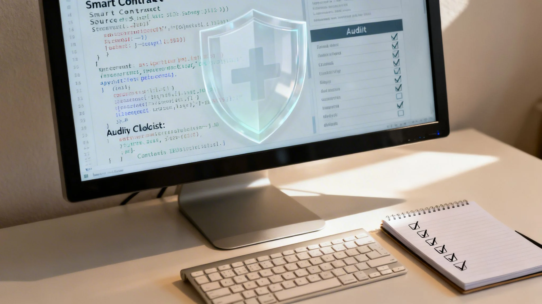 A computer screen displays smart contract code and an audit checklist, overlaid with a secure health shield.
