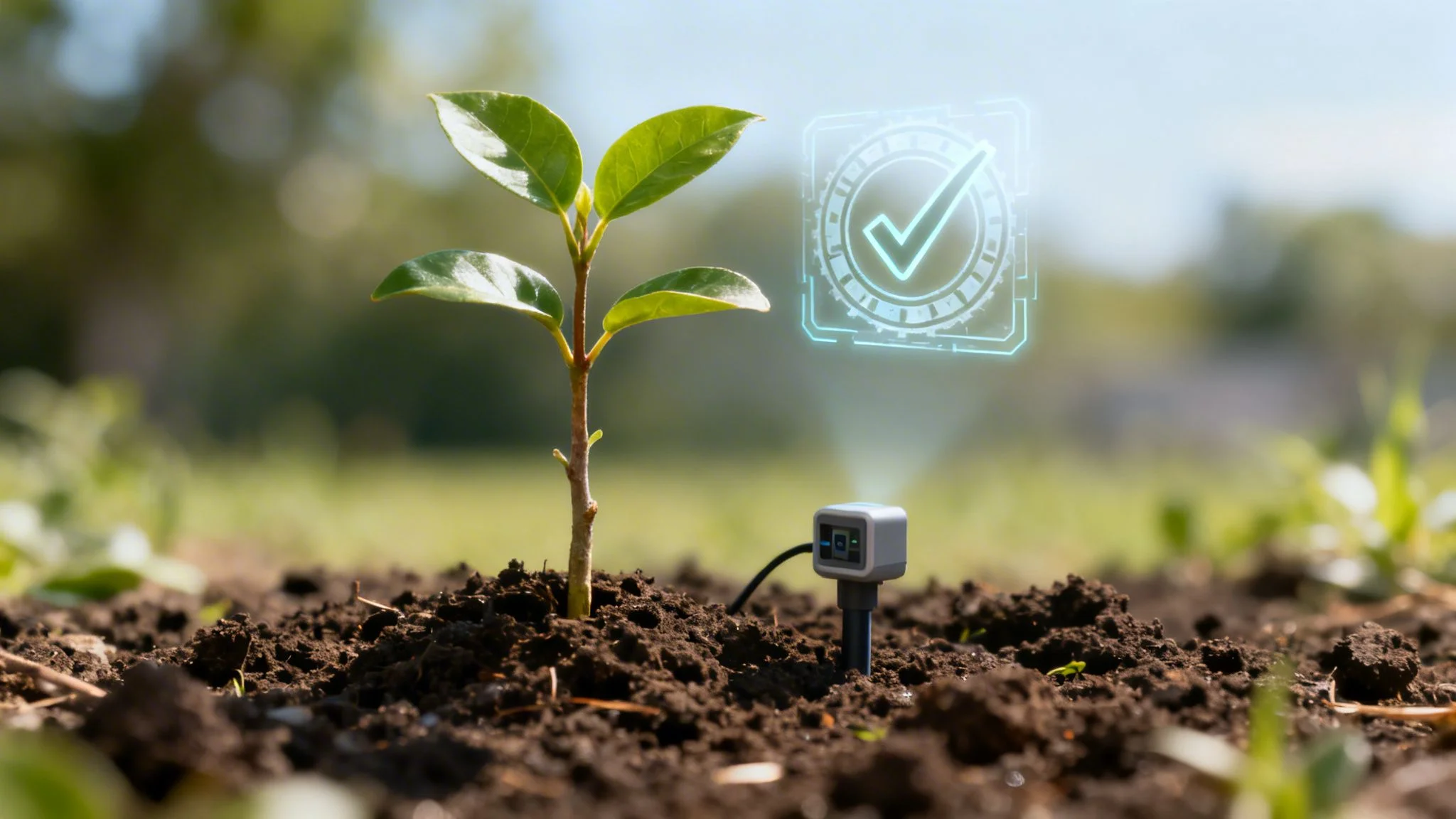 A smart soil sensor device next to a young plant, projecting a holographic checkmark for healthy growth.