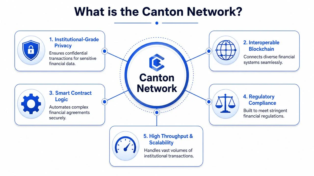 A diagram illustrating the five core features of the Canton Network, a blockchain platform for financial institutions.