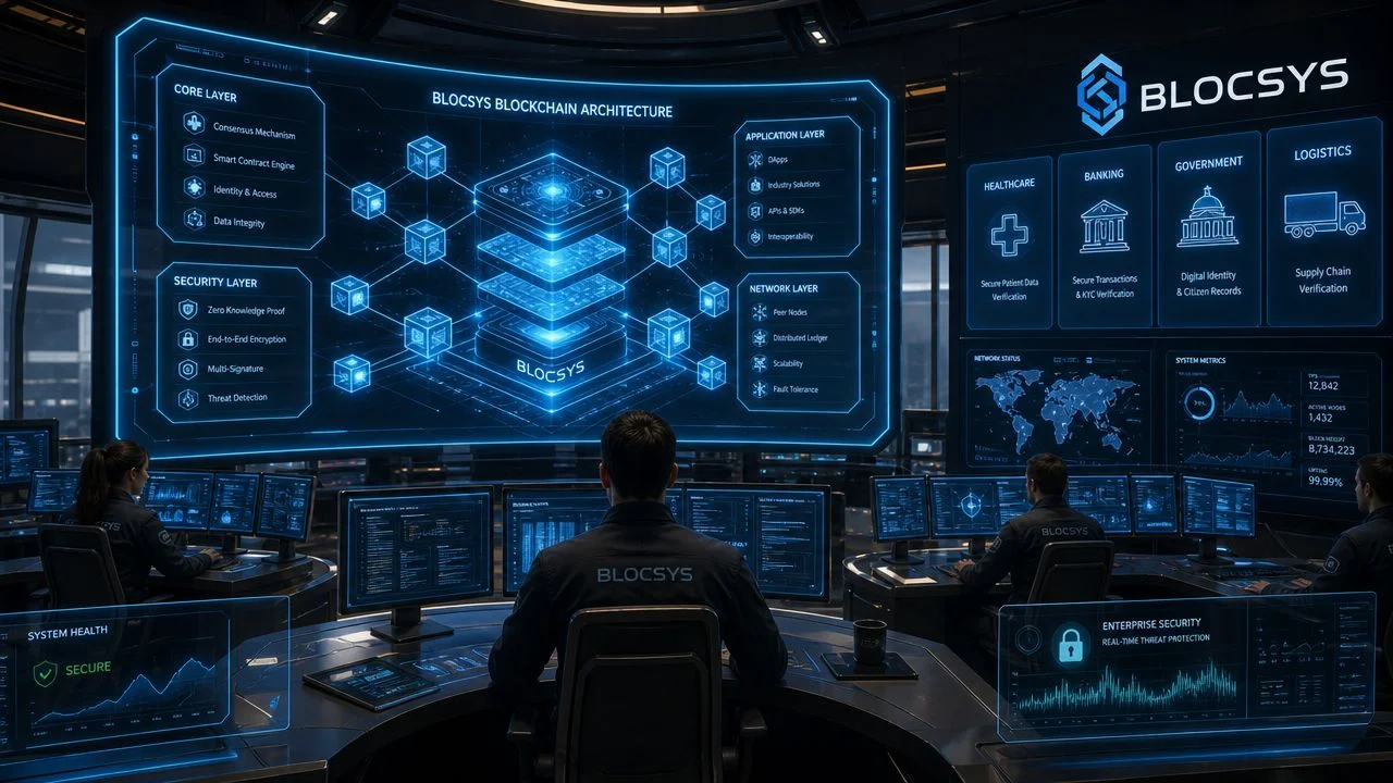 Team of professionals working in a futuristic command center monitoring blockchain technology systems on large digital displays.