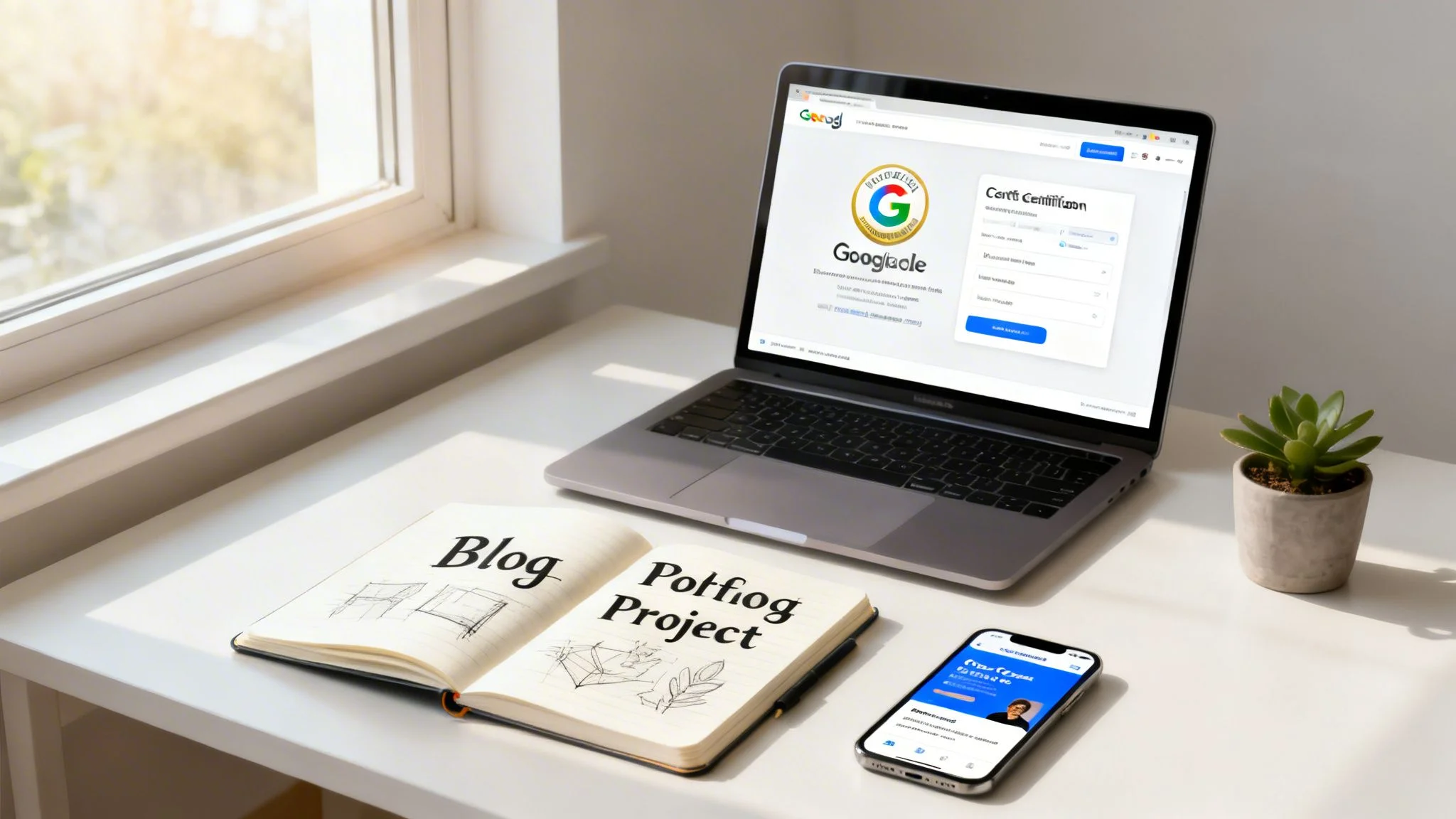 A bright home office desk setup featuring a laptop with a certification page, an open notebook, and a smartphone.