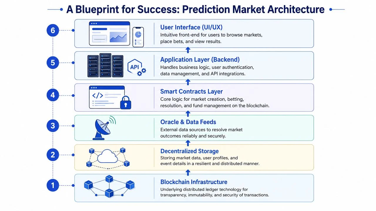 A diagram illustrating the six-layer technical architecture blueprint for developing a decentralized prediction market platform.