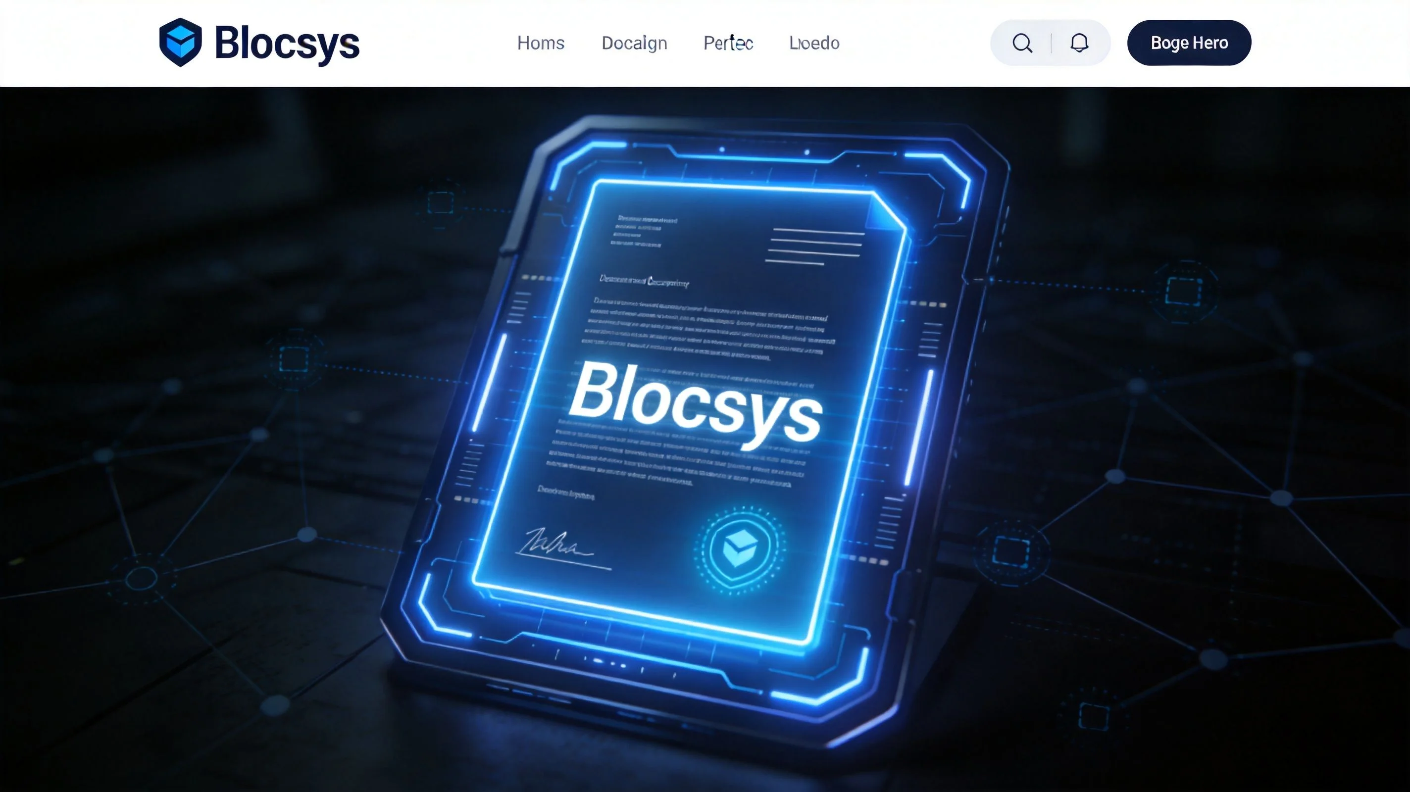 A digital document floating within a glowing, futuristic holographic display interface representing Blocsys technology.