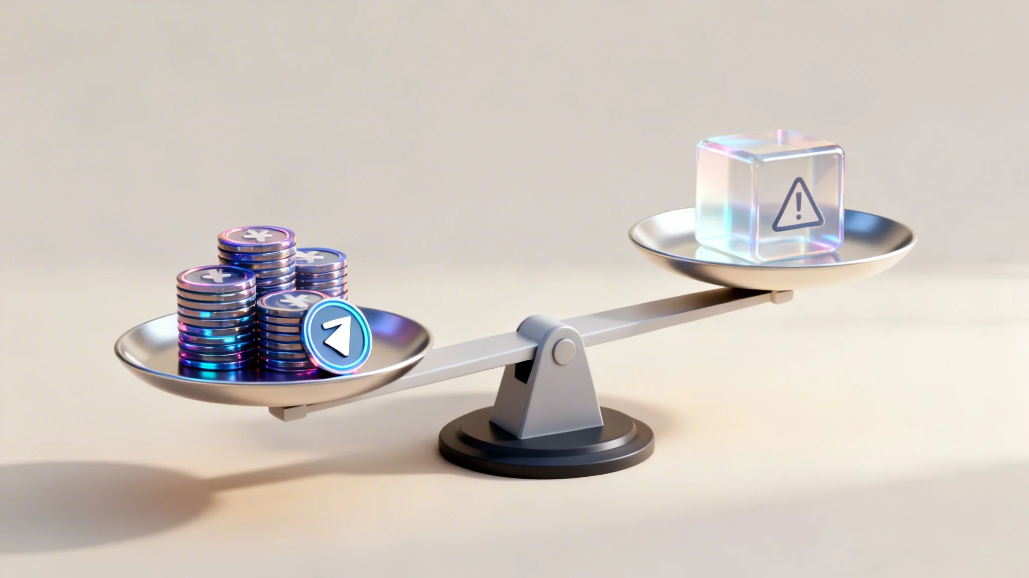 A scale weighing stacks of digital currency tokens against a transparent cube with an alert symbol.