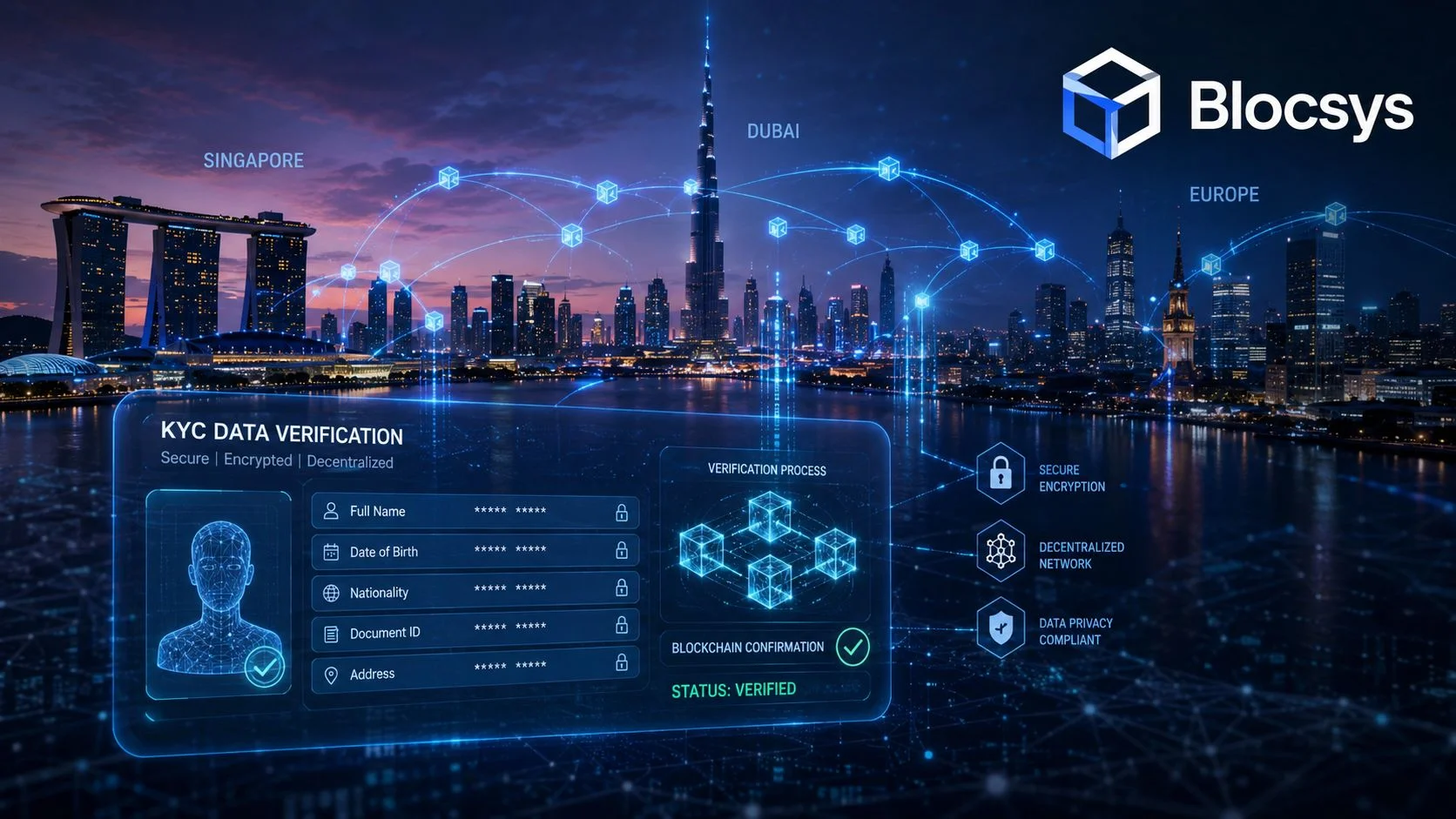 A digital interface showcasing a secure blockchain KYC verification system against a futuristic smart city skyline backdrop.
