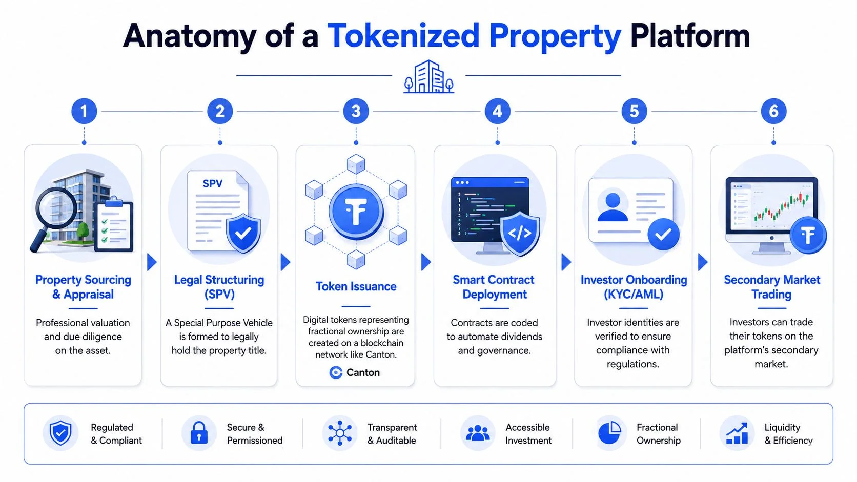 An infographic showing the six-step process for a tokenized property platform using the Canton blockchain network.